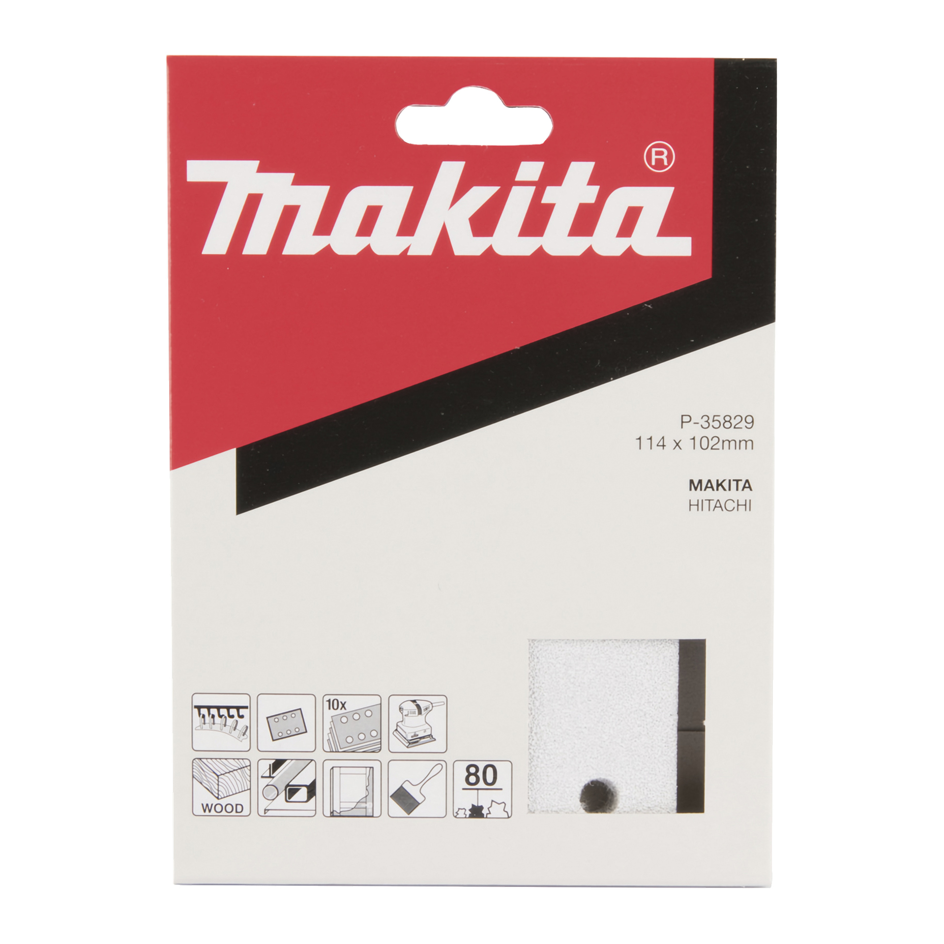 Makita Sandpaper 10-pack (modell P-35829), 114x102 mm, i röd, svart och vit förpackning med ikoner, specifikationer och ett provbladsfönster.