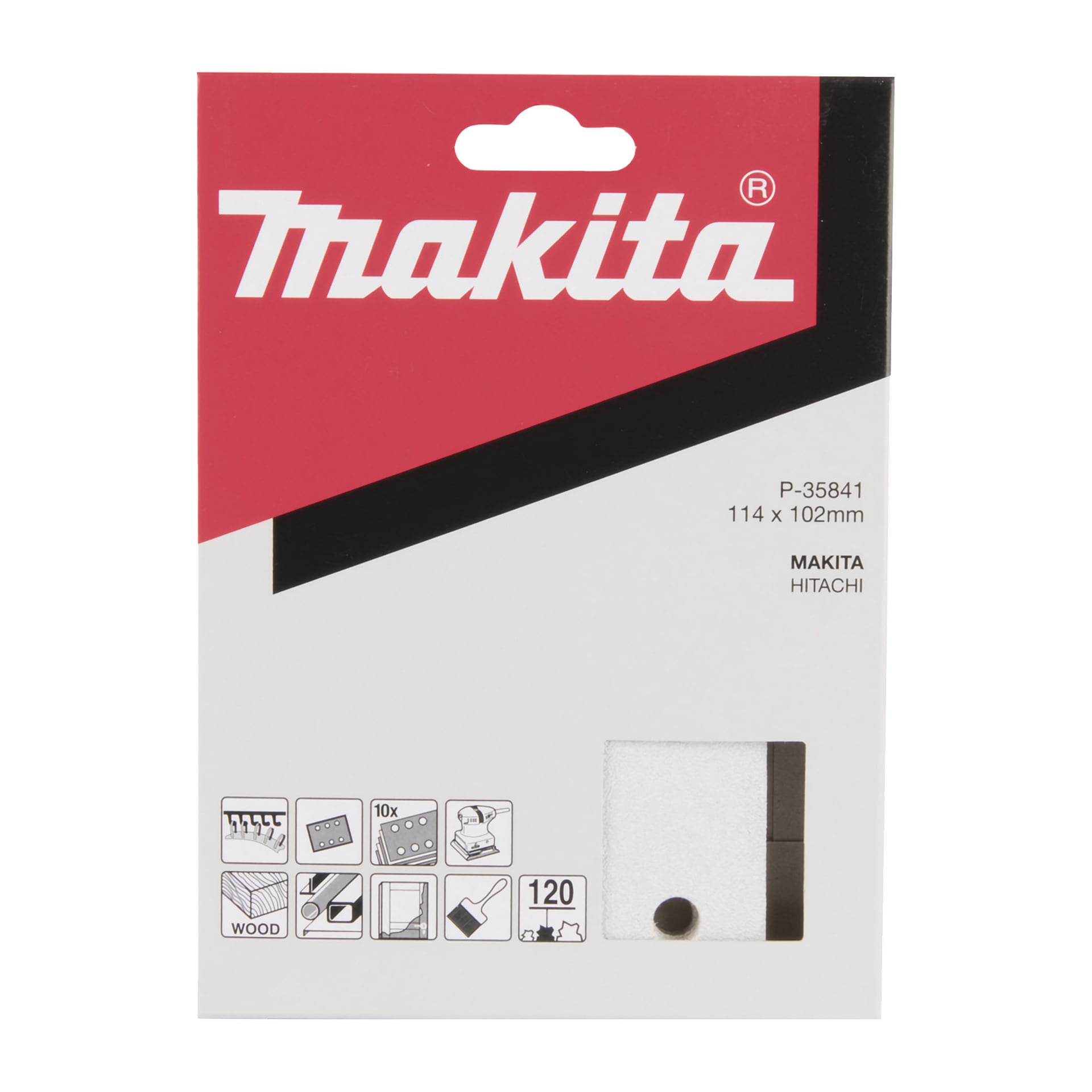 10-pack Makita slipplåtssandpapper (P-35841), 114x102 mm, kornstorlek 120, för trä och andra användningsområden; passar Hitachi-slipmaskiner.
