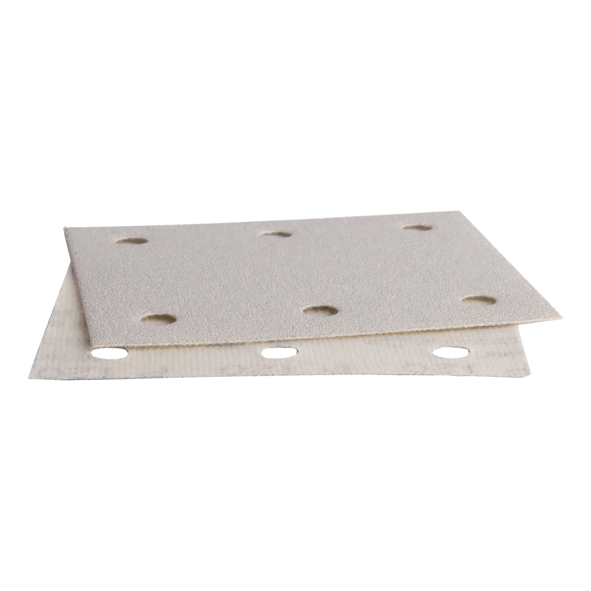 Två staplade Makita-slippapper från en 10-pack, ljusbeige med sex runda hål i två jämna rader.