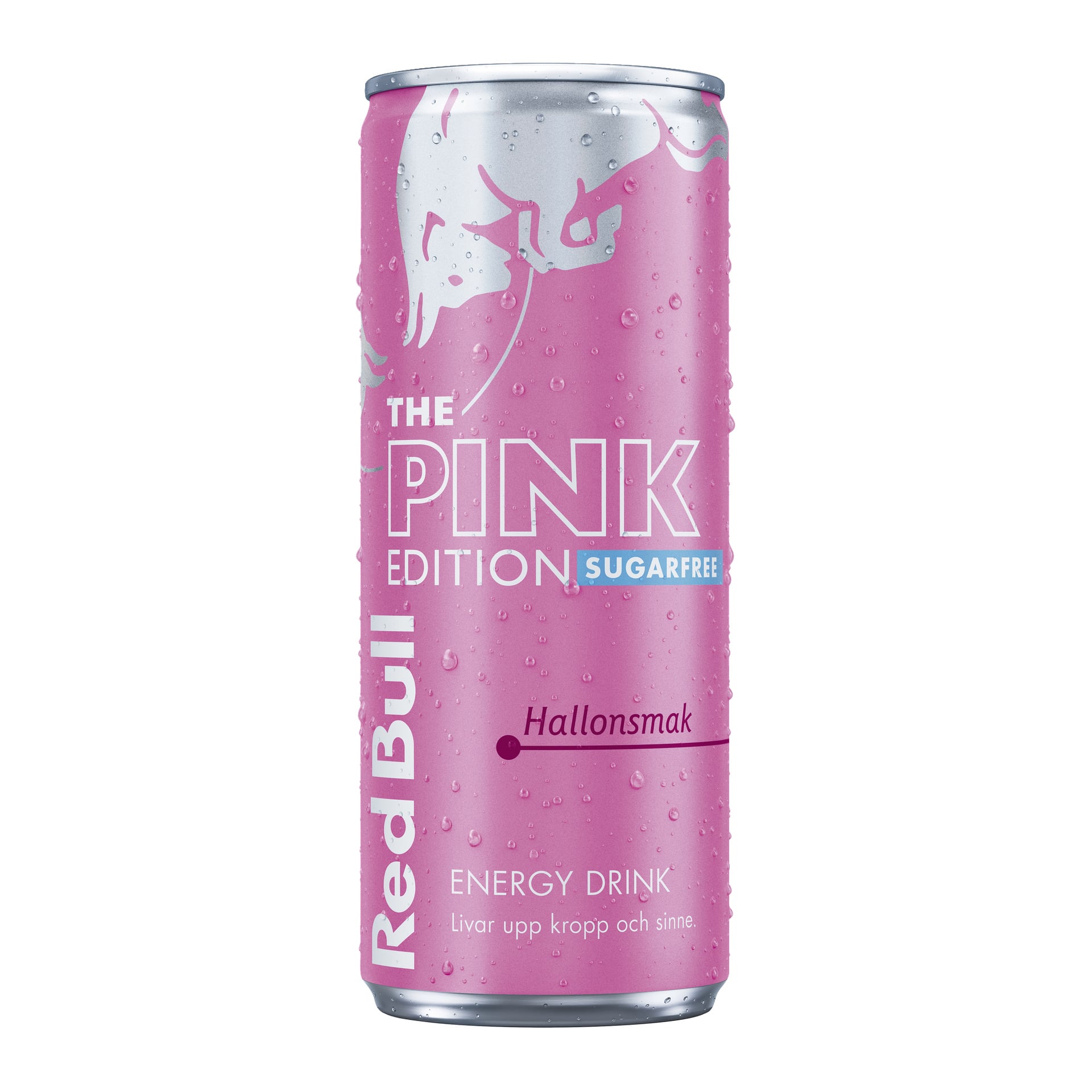 En hög rosa burk Red Bull Pink Edition Sugarfree med silver- och vit text, vattendroppar och "Hallonsmak" för hallonsmak.