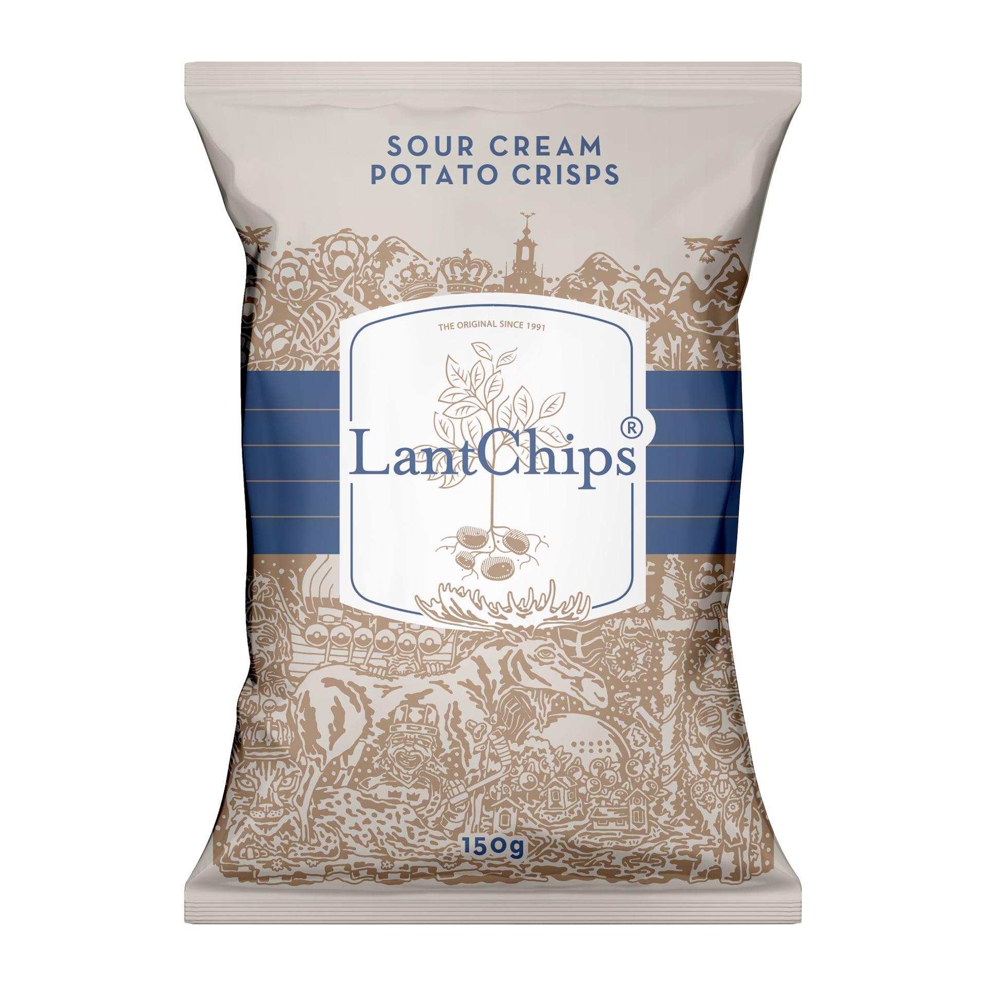 En 150g pose med Svenska LantChips Sourcream & Onion i beige emballasje med blå detaljer og landlige scener, merkelogo midt på.