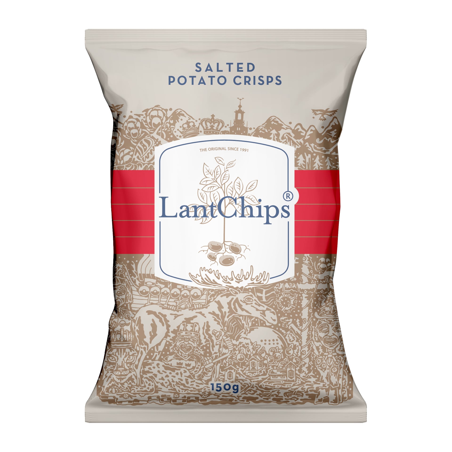 En 150 grams påse Svenska LantChips Swedish Country Crisps Salt med vit, brun och röd design, samt dekorativ grafik och text.