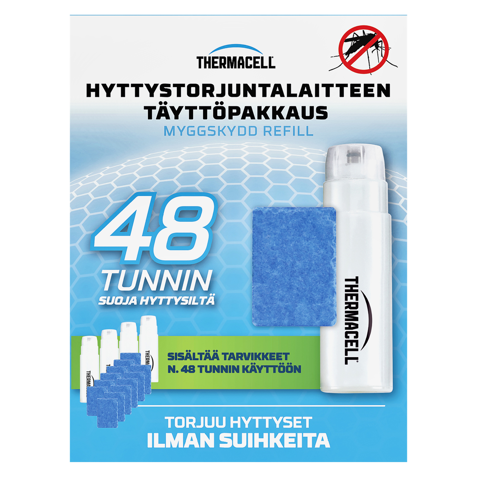 Thermacell Mosquito Protection Refill 4 pack -pakkauksessa näkyy suihkepullo ja siniset matot, joissa lukee 48 tunnin hyttyssuojan – suihkeita ei tarvita.