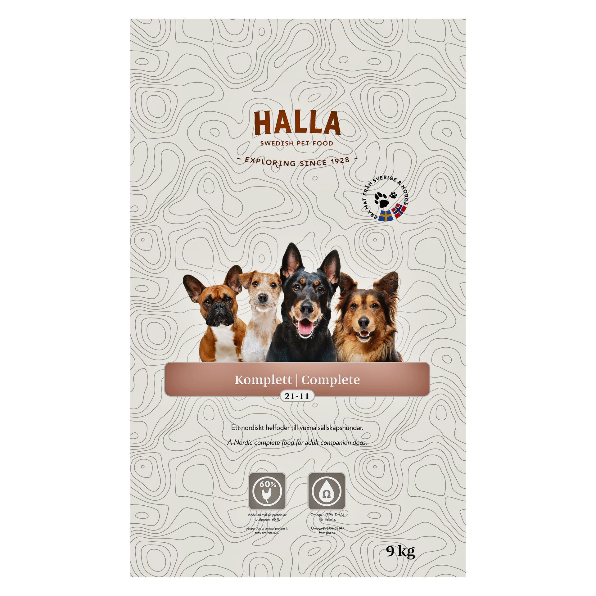 Fyra hundar av olika raser sitter på rad mot en beige bakgrund på en 9 kg påse märkt "Halla Dog food Komplett, komplett foder för vuxna sällskapshundar."