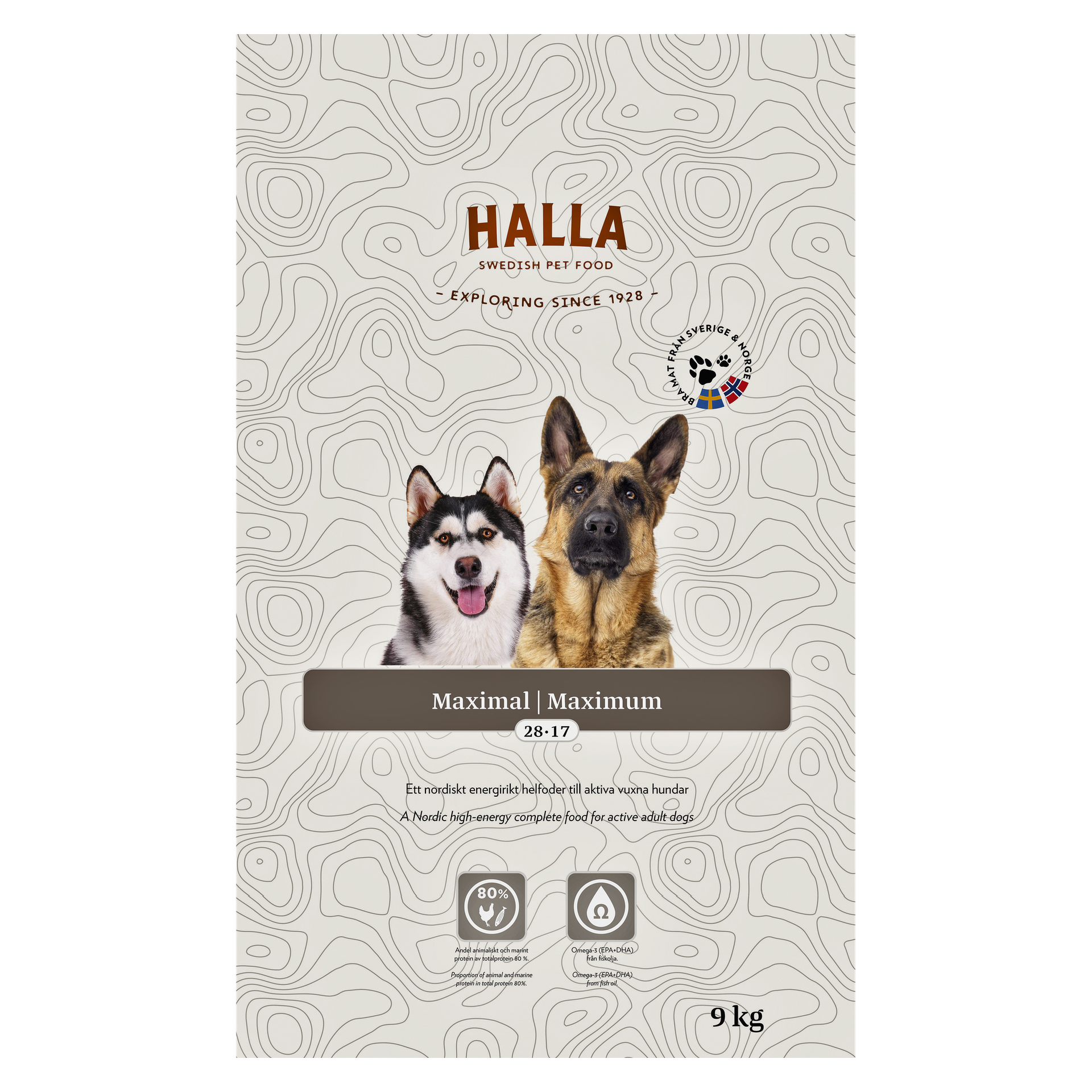 En 9 kg tung Halla Dog Food Maximal-påse visar en Husky och en schäfer, med nordiska designelement och orden "Maximum formula for active adult dogs."