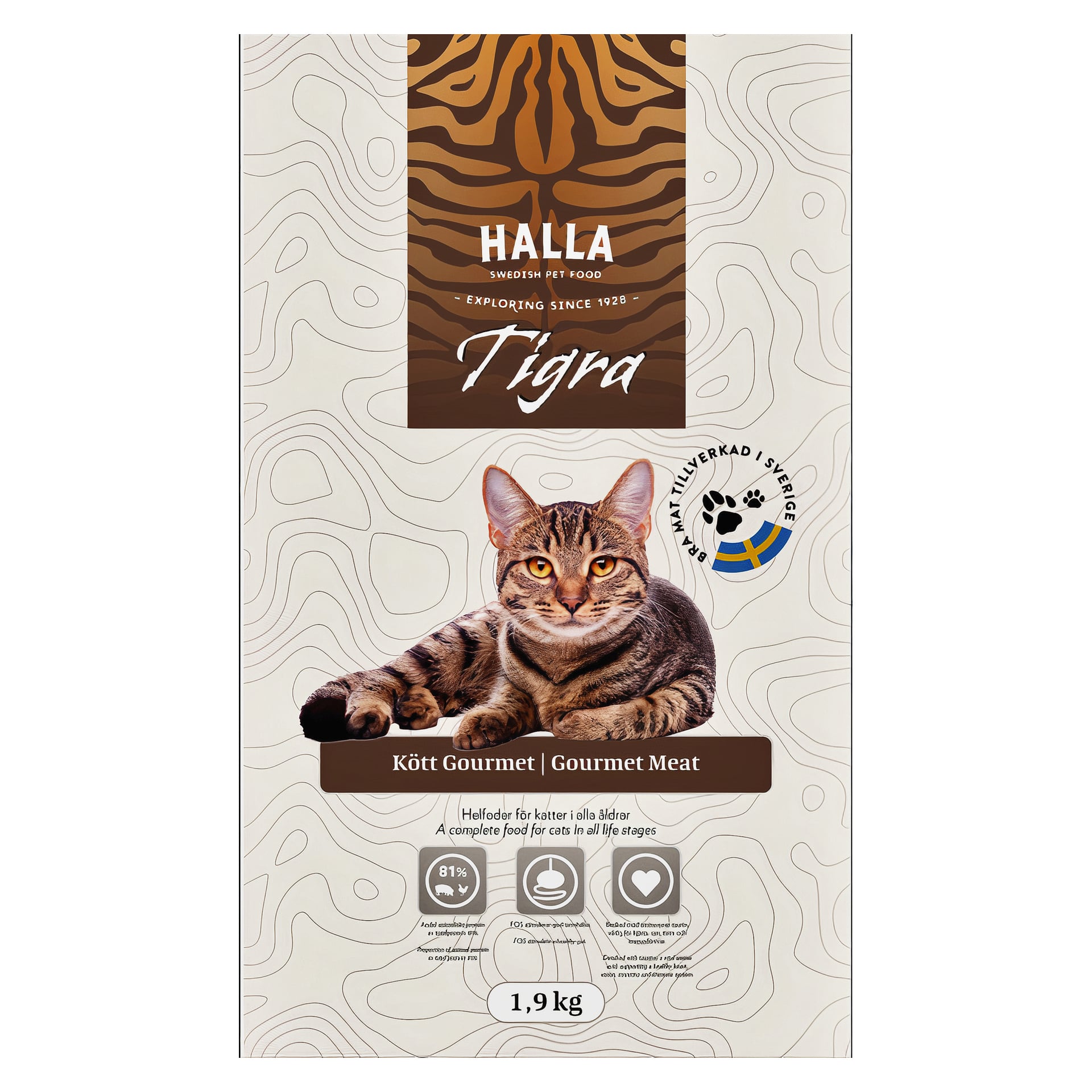 En 1,9 kg tung Halla Cat-matpåse från Tigra med en tabbykatt, tigerrandig päls, certifieringssigill och märkt Kött Gourmet | Gourmetkött.