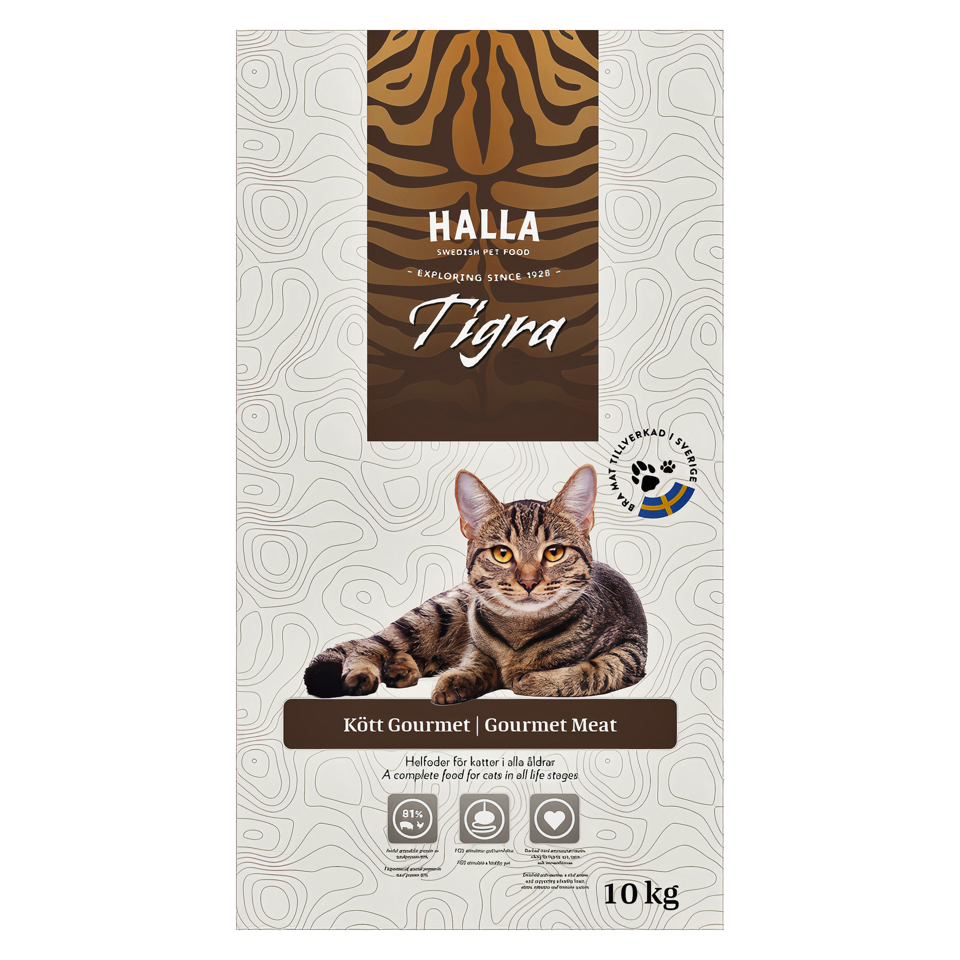 En 10 kg påse med Halla Cat-mat från Tigra har en brun och svart tabbykatt liggande, tigerränder ovanför, produktinformation och en Made in Sweden-etikett.