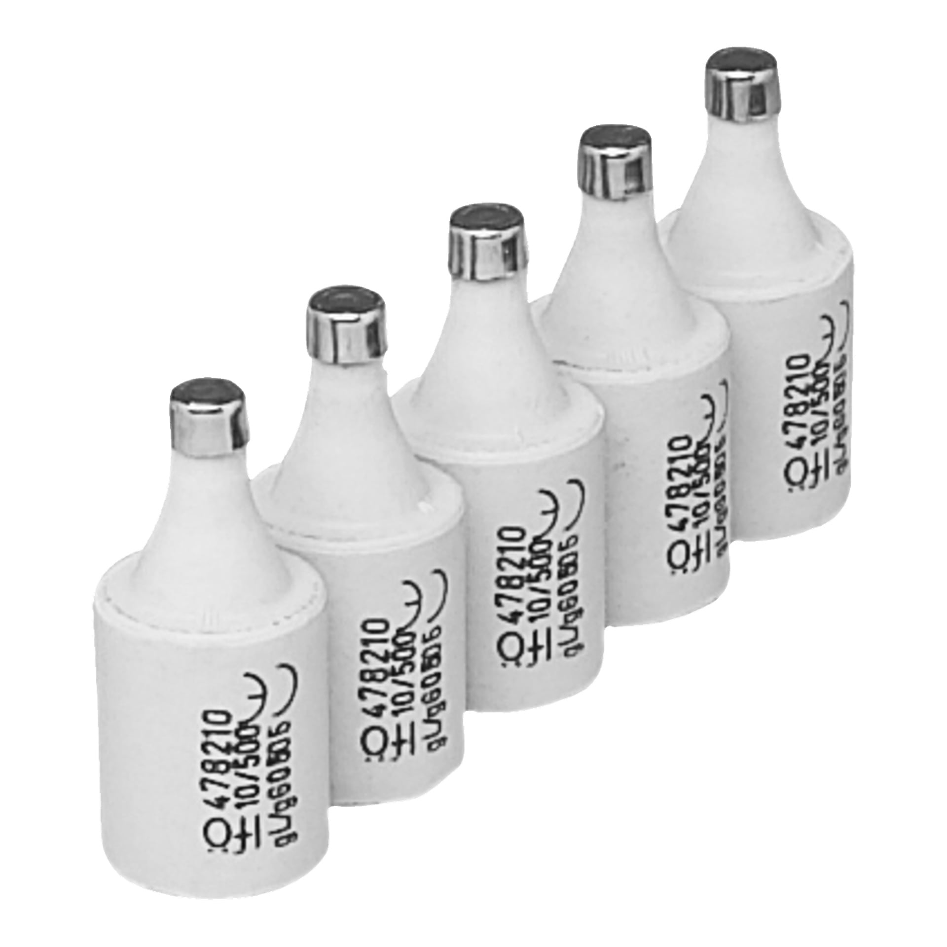 Fem vita cylindriska elsäkringar från Ifös 5-pack står upprätt i en rad, var och en med svarta siffror och symboler på sidan och försedd med metalllock upptill.