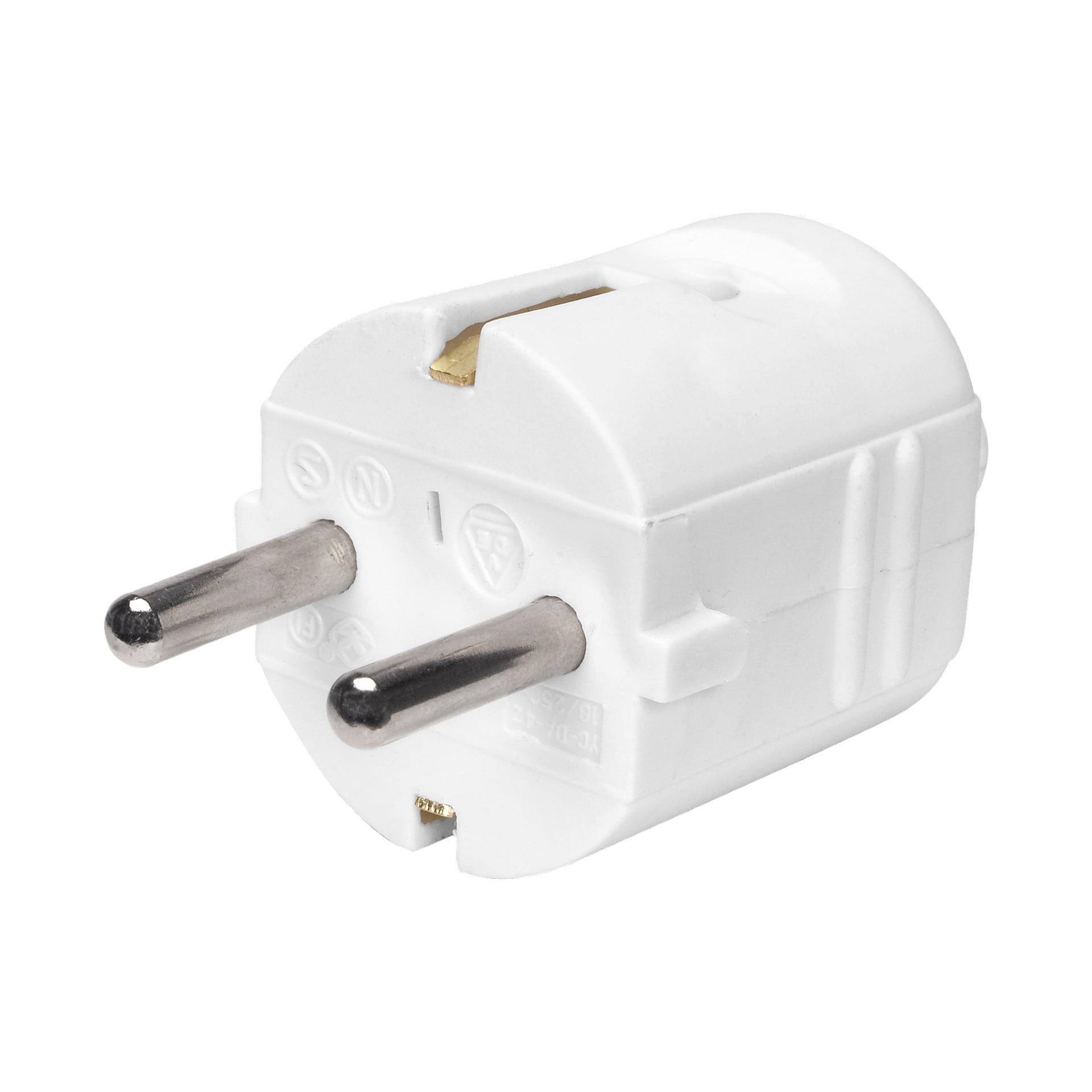 En Anslut-plugg, en hvit europeisk to-pinners elektrisk adapter, vises med parallelle sylindriske metalltapper. Ulike symboler og markeringer er synlige på plastdekselet.