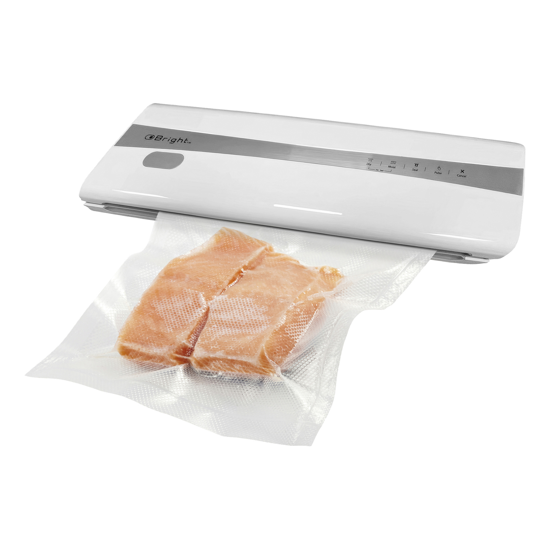En vit Bright Digital vakuumförpackare med grå rand och knappar uppe till höger förseglar två råa kycklingfiléer i en plastpåse.