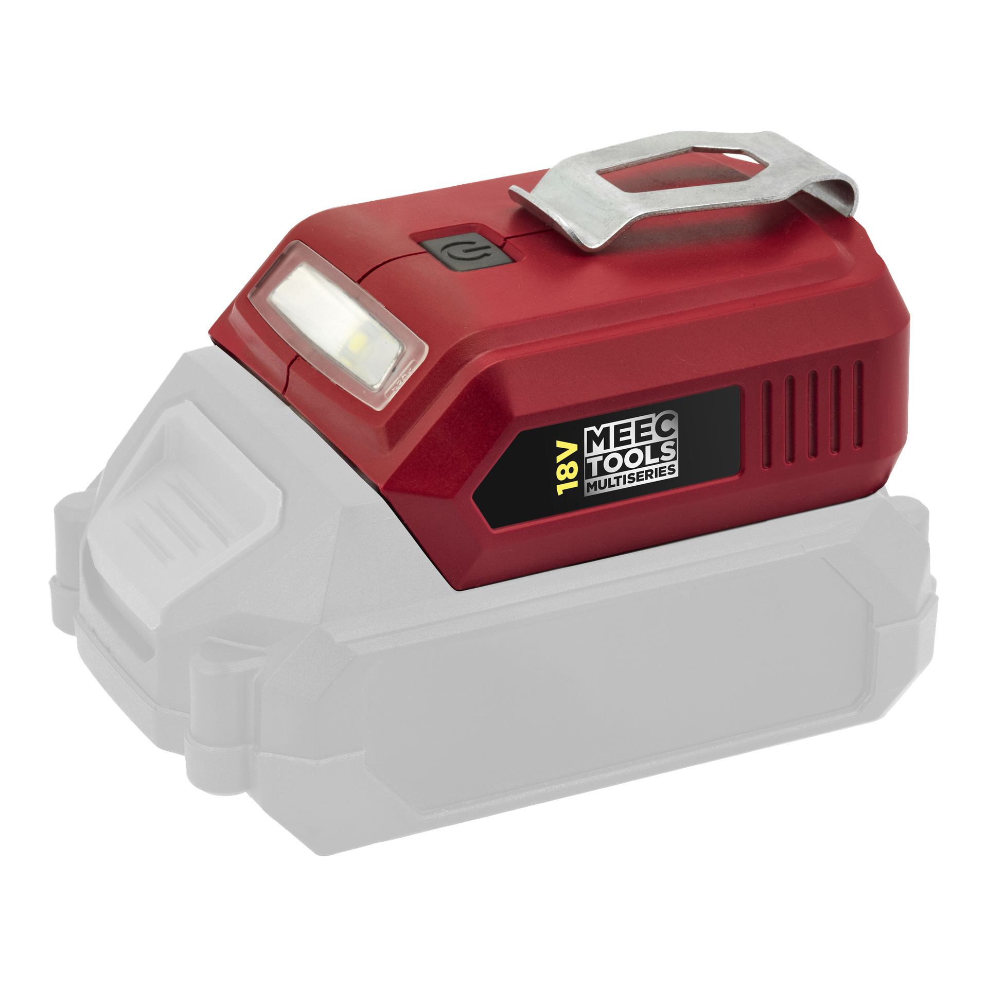 En Meec Tools Multiseries USB-adapter för CH-18V EASY 130-batterier med LED-lampa och metallbältesklämma; den nedre delen är blekt.