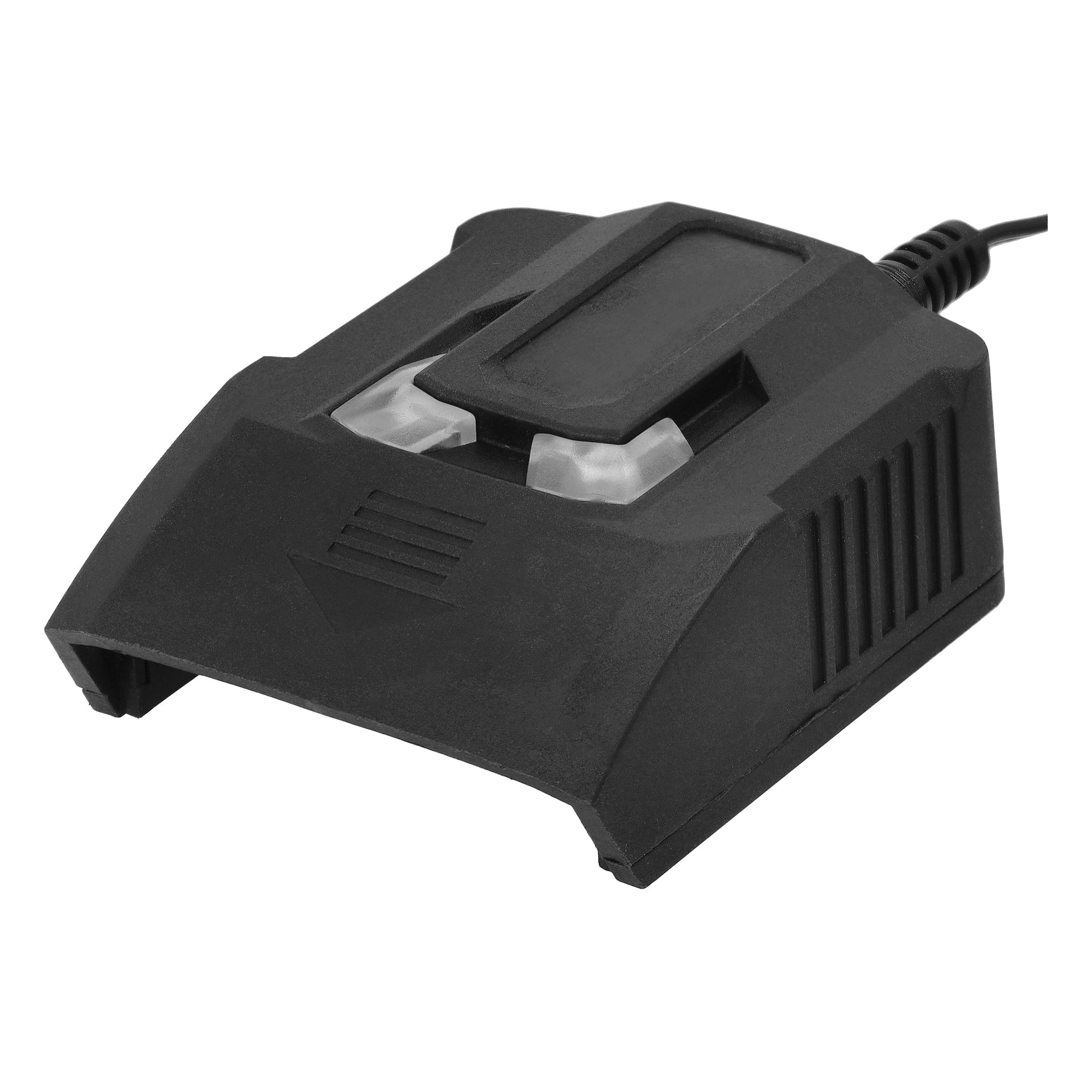 Black Meec Tools Multiseries Mini ładowarka CH-18V EASY 100 z pochylonym górnym dachem, dwoma przezroczystymi otworami na baterie, bocznymi otworami wentylacyjnymi i kablem.