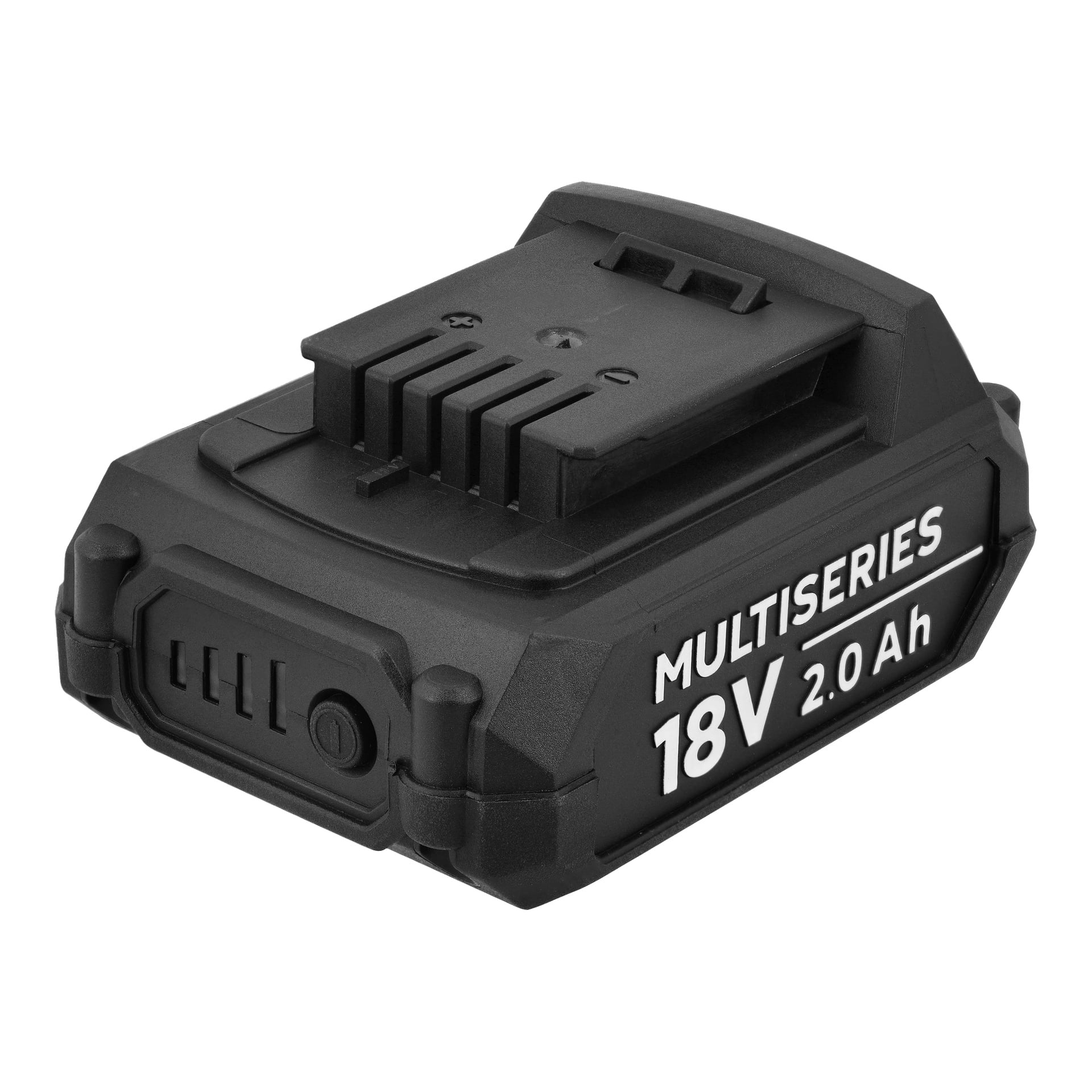 Black Meec Tools Multiseries 18V 2,0Ah litiumjonbatteri med en övre kontaktplats och fyra frontindikatorlampor.