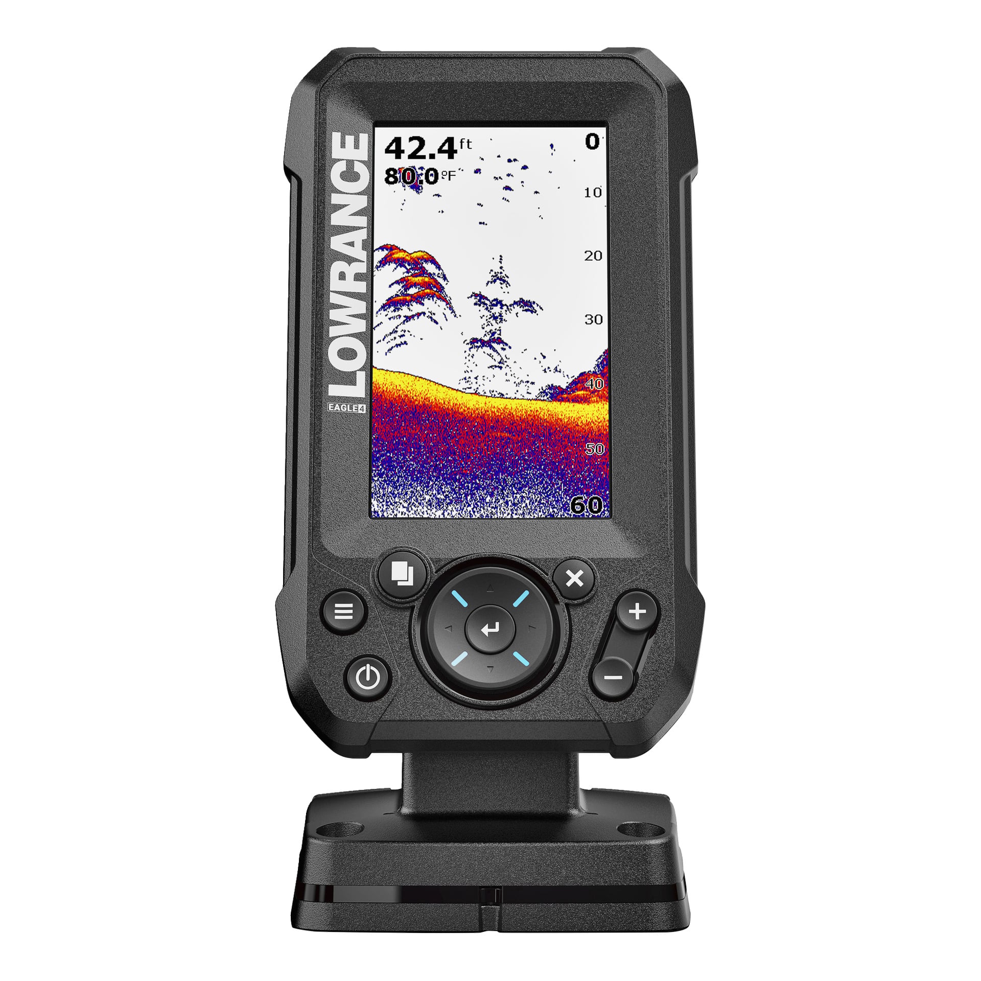 Lowrance Sonar Eagle 4X pokazuje obraz sonarowy z rybami i strukturami podwodnymi na wysokości 42,4 stopy, z ekranem i przyciskami sterującymi z przodu.