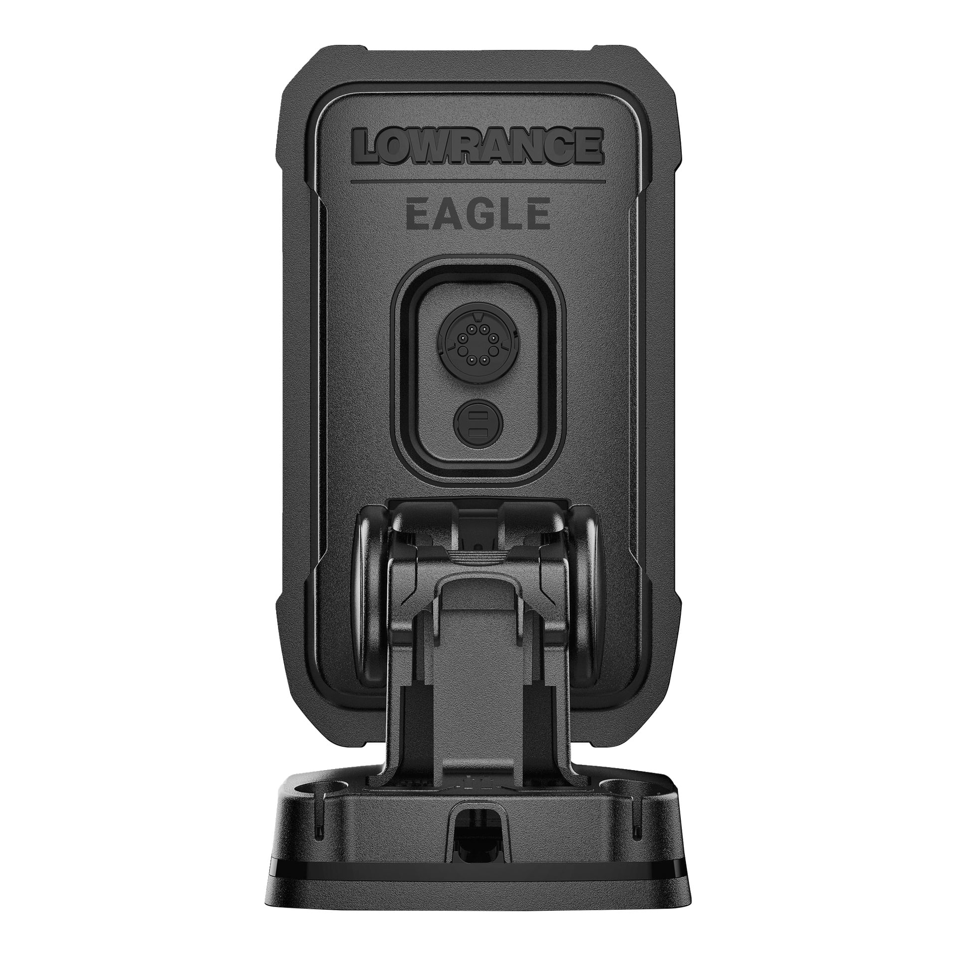 Tył Lowrance Echo-sounder Sonar Eagle 4X pokazuje uchwyt montażowy, port złącza oraz plastikową obudowę z marką.