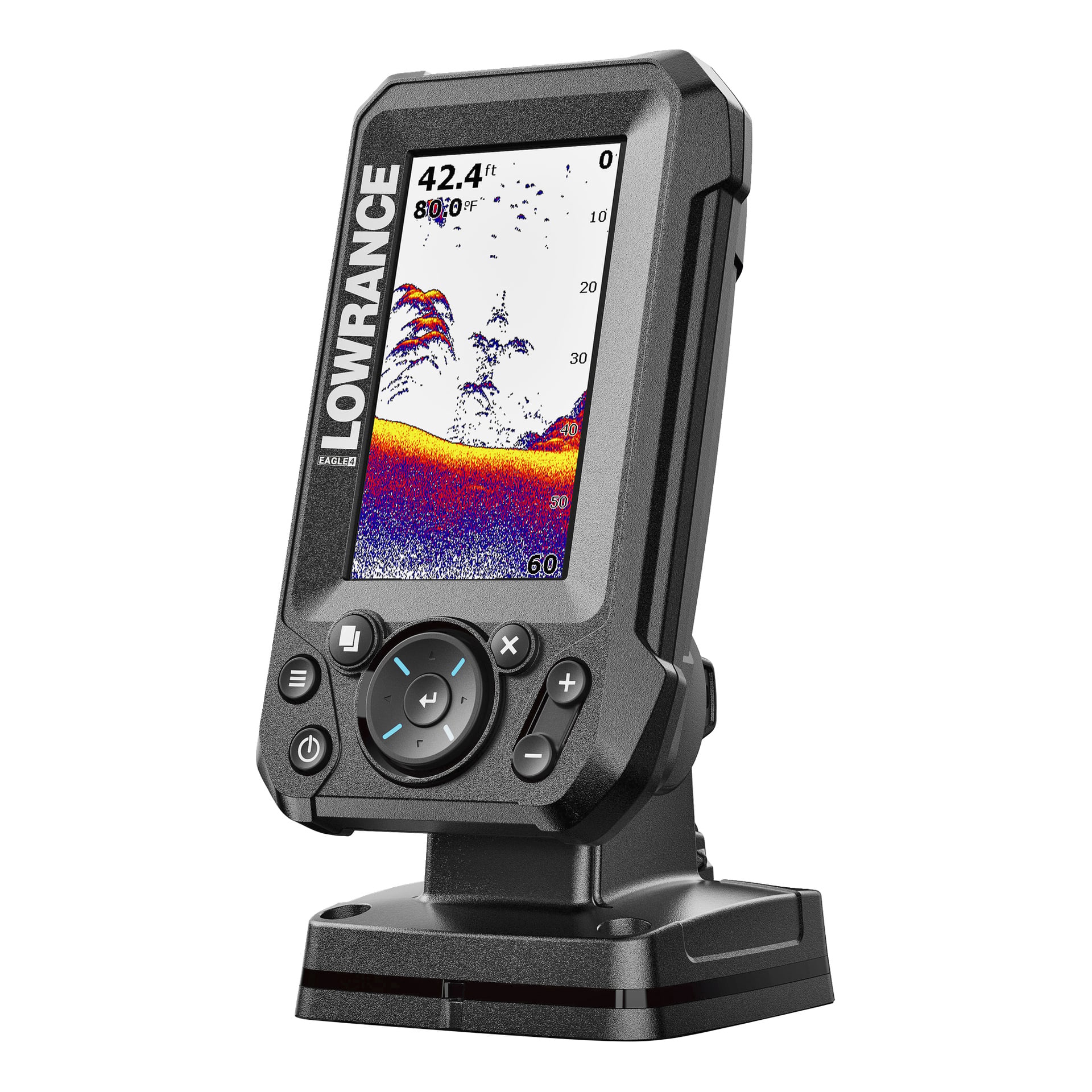 sonar Lowrance Eagle 4X stoi pionowo, a jego ekran wyświetla kolorowe dane sonarowe i głębokość wynosi 42,4 stopy. Przyciski sterujące znajdują się pod wyświetlaczem.