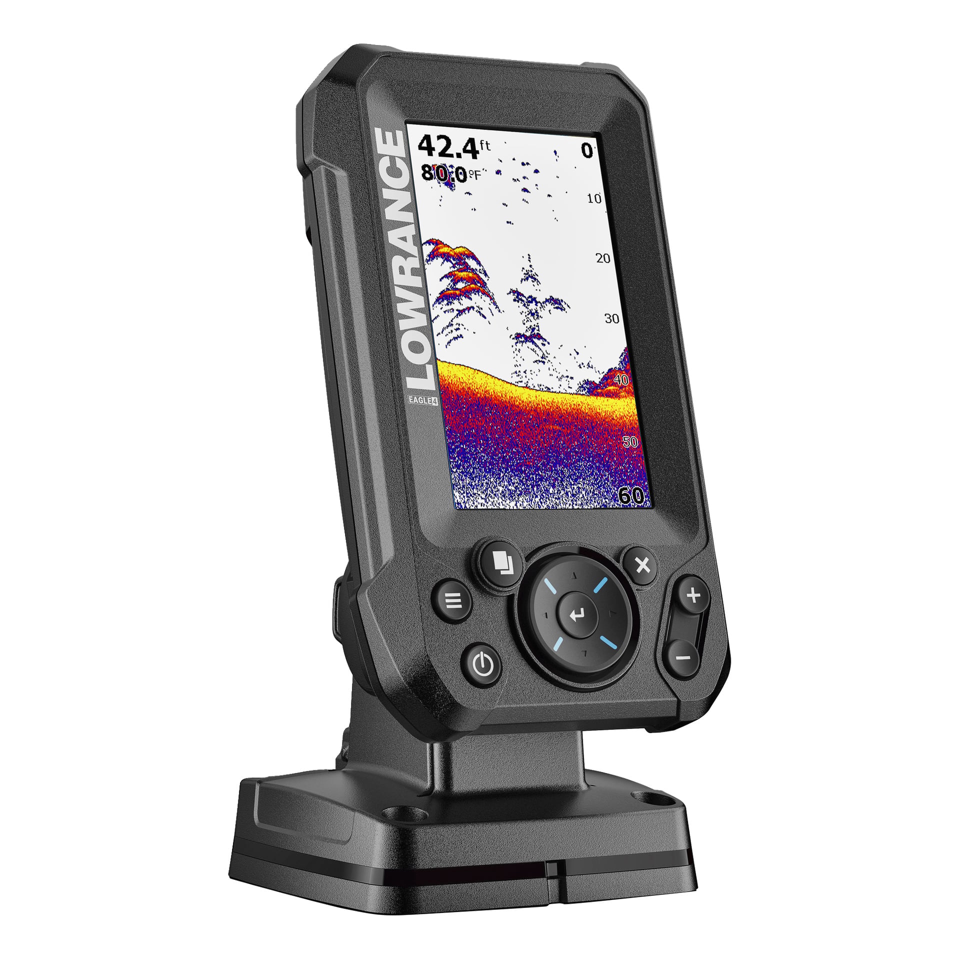 Lowrance Echo-sounder Sonar Eagle 4X do wykrywacza ryb z kolorowym wyświetlaczem, pokazującym na ekranie grafikę głębokości, temperatury i obiektów.