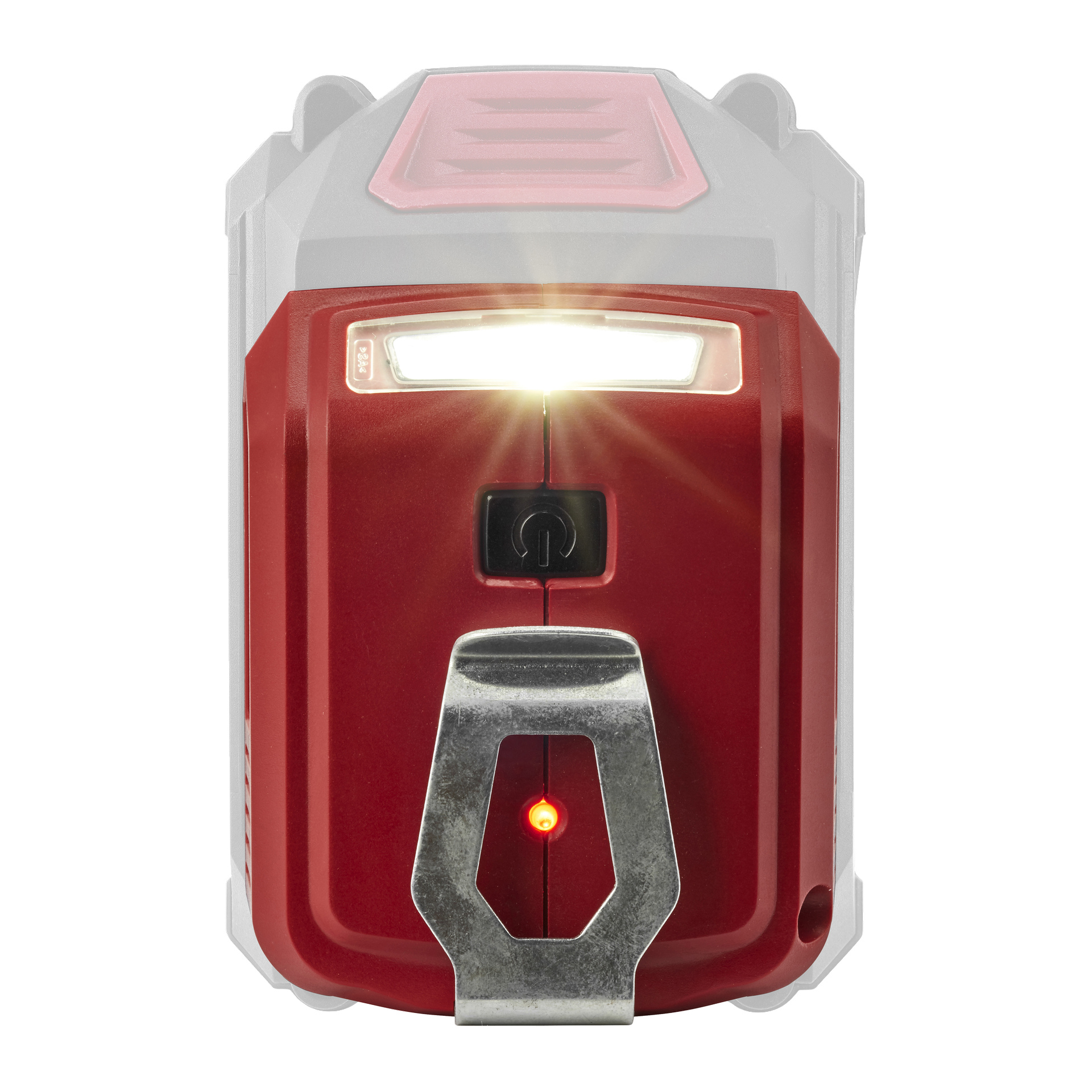 Närbild på Meec Tools Multiseries USB-adapter för CH-18V EASY 130, med en mittknapp för ström, vit LED ovanför och rött ljus under.