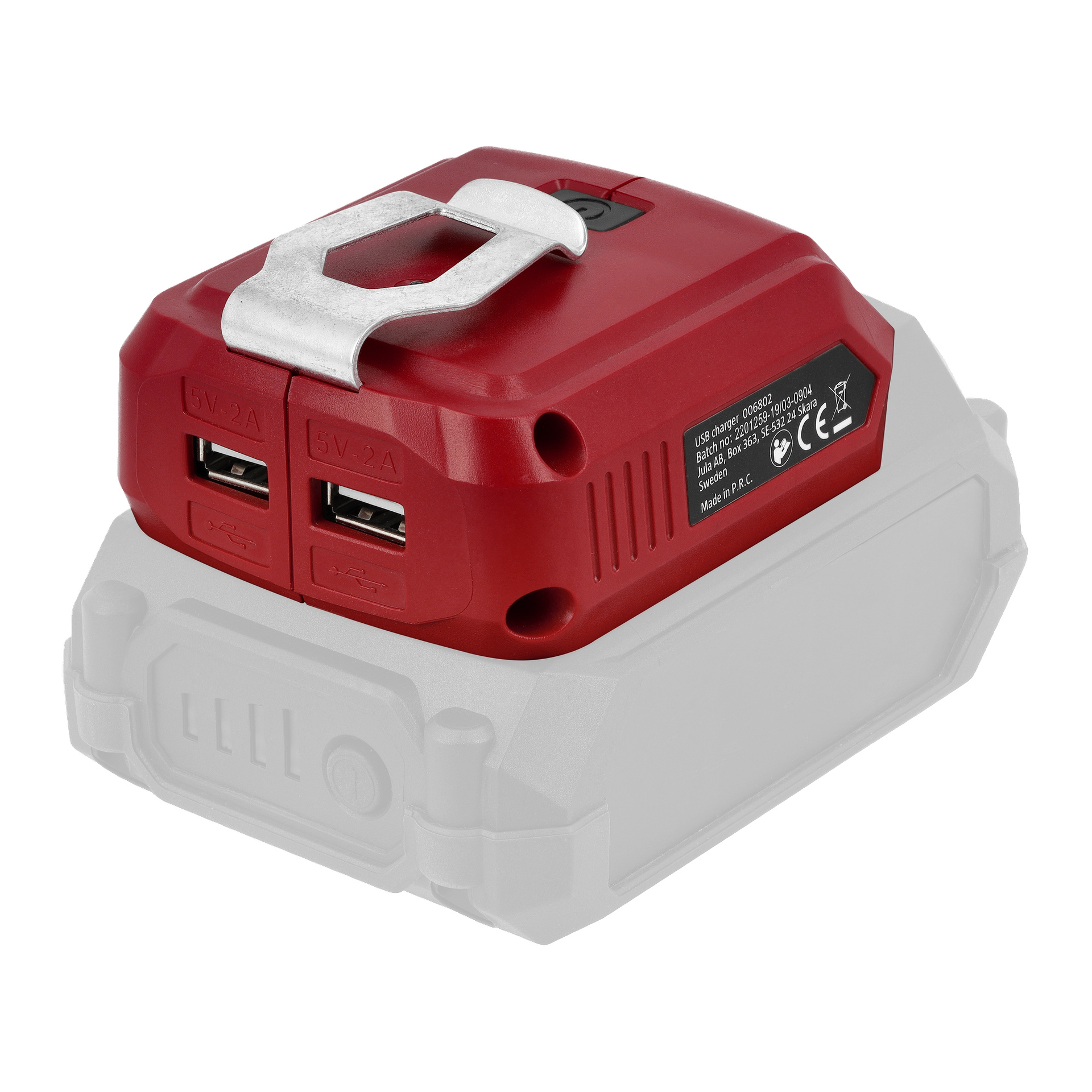 En Meec Tools CH-18V EASY 130 USB-adapter med två portar och ett metallhandtag sitter på ett grått batteri, med synlig sidoetikett.