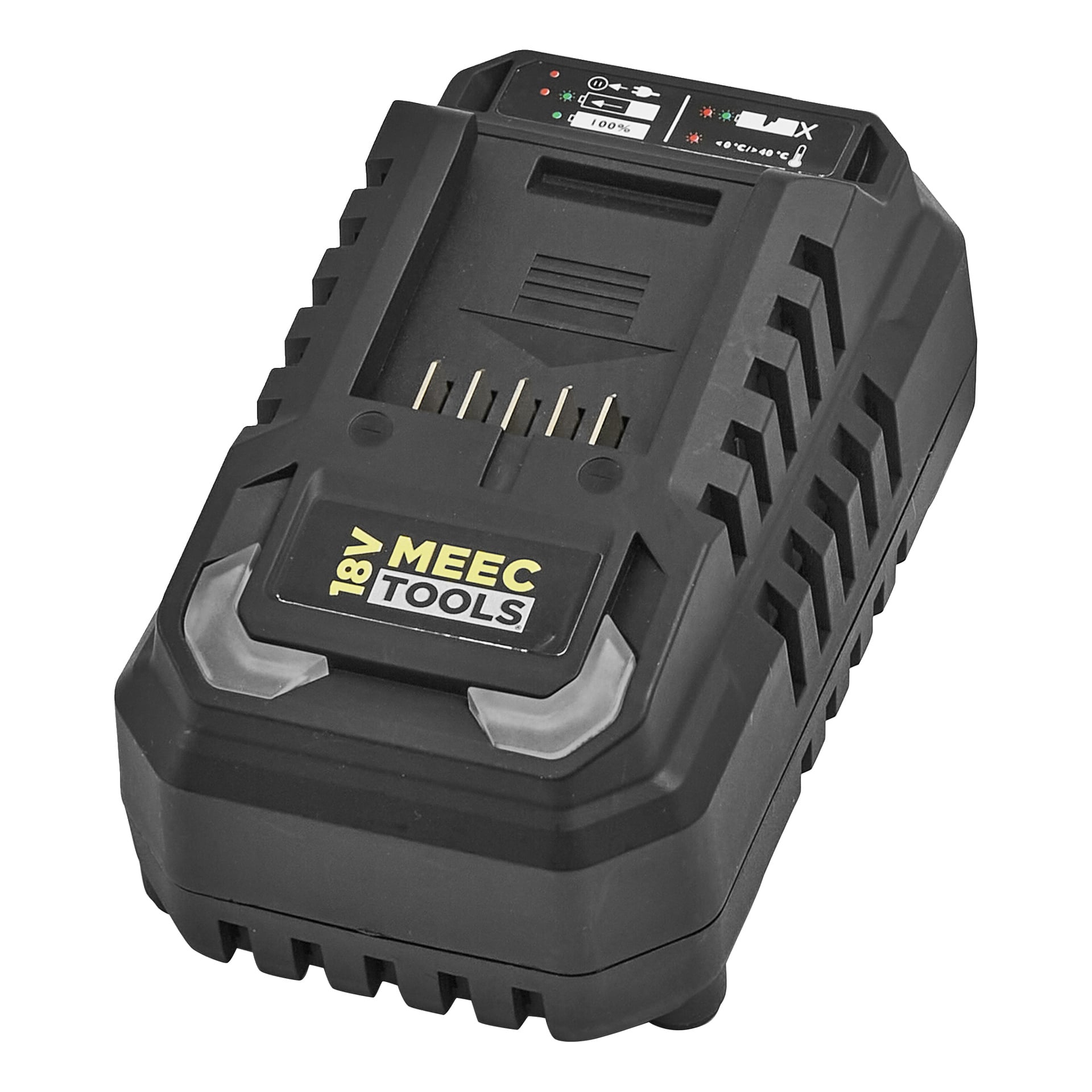 Black Meec Tools Multiseries batteriladdare CH-18V HOME 300 med indikatorlampor, sidospår och en frontetikett, lutad åt höger.