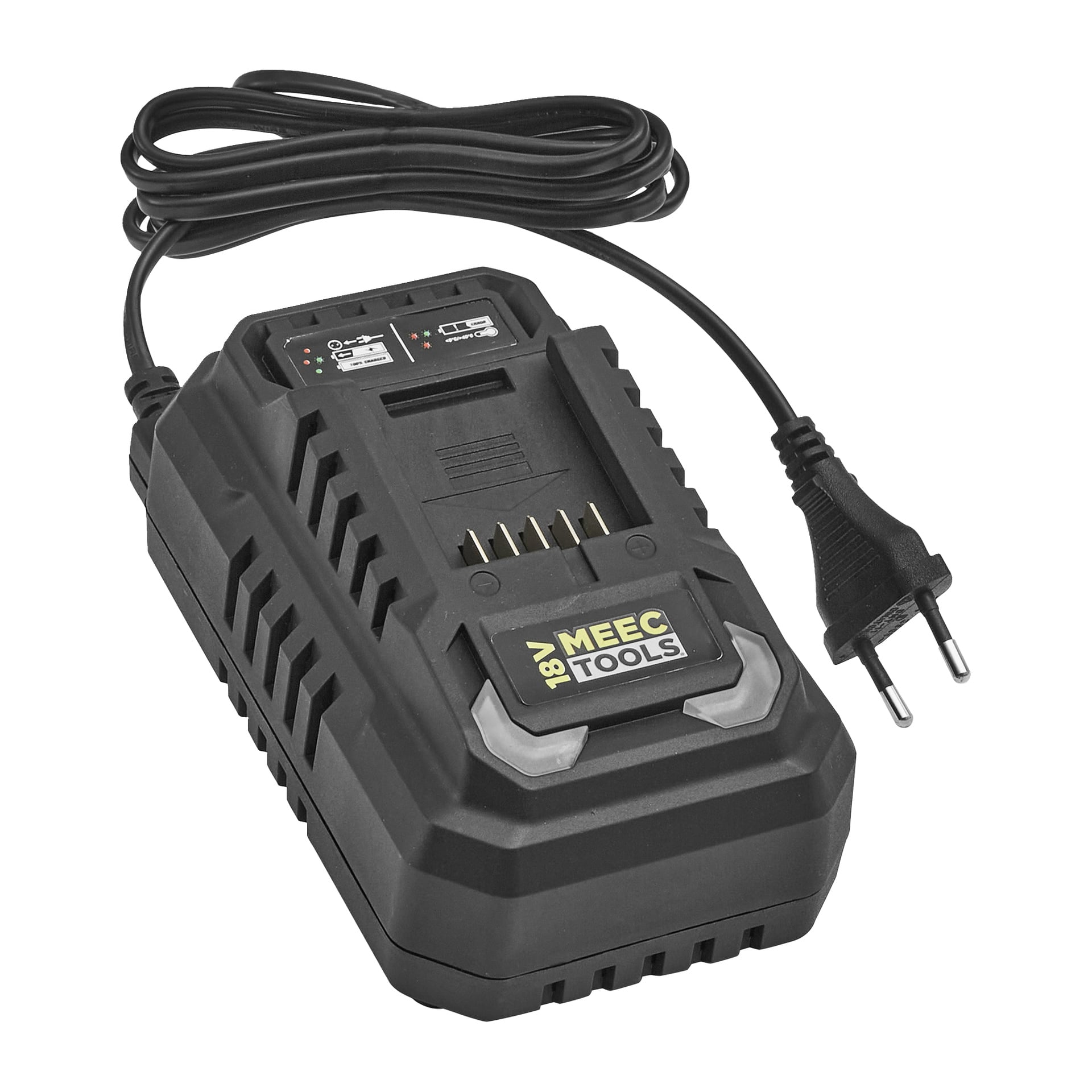 Black Meec Tools Multiseries batteriladdare CH-18V HOME 500, med tvåpolig kontakt, sladd, indikatorlampor och batteriplats.