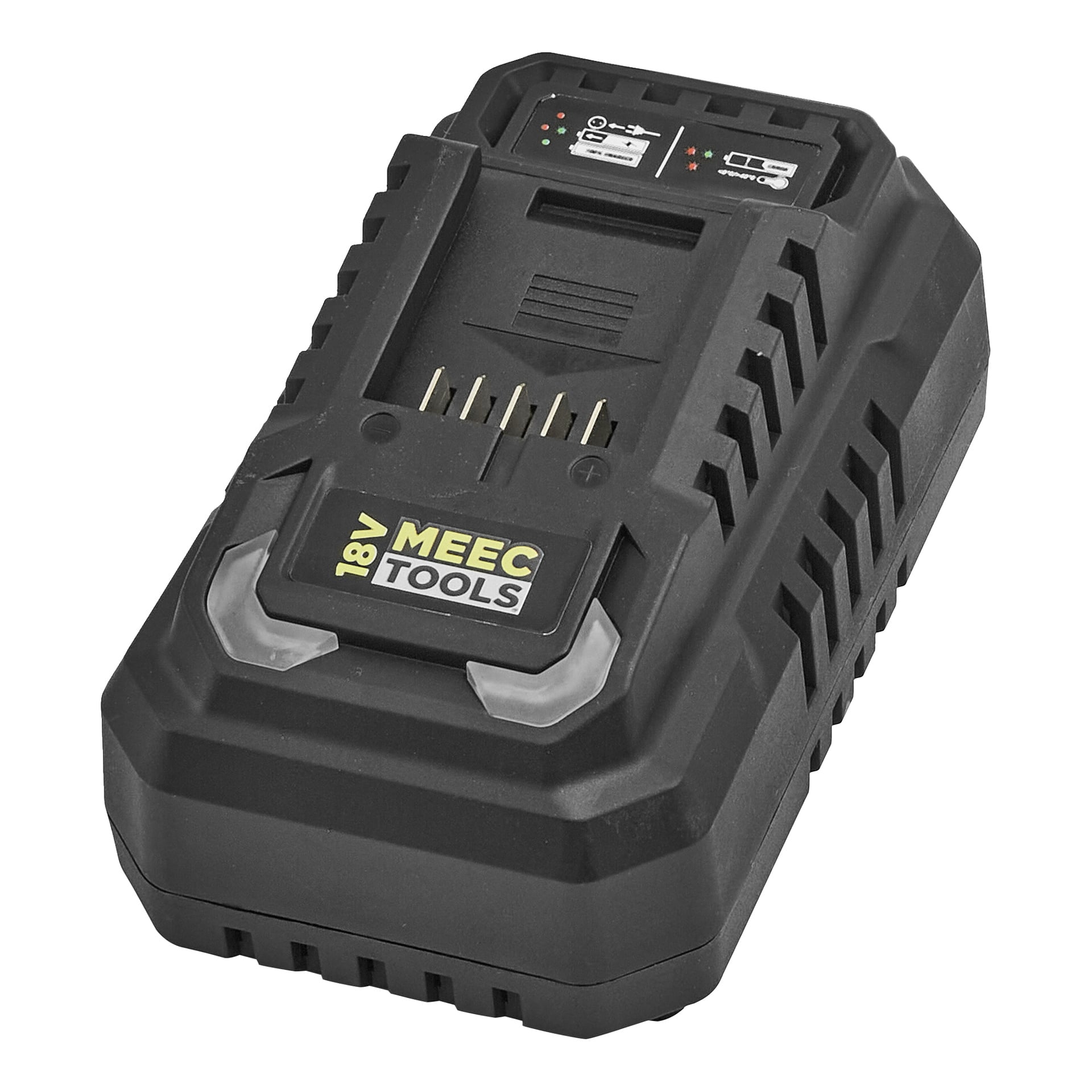 En svart Meec Tools Multiseries batteriladdare CH-18V HOME 500 med indikatorlampor och en batteriplats som visas i en lätt vinkel.