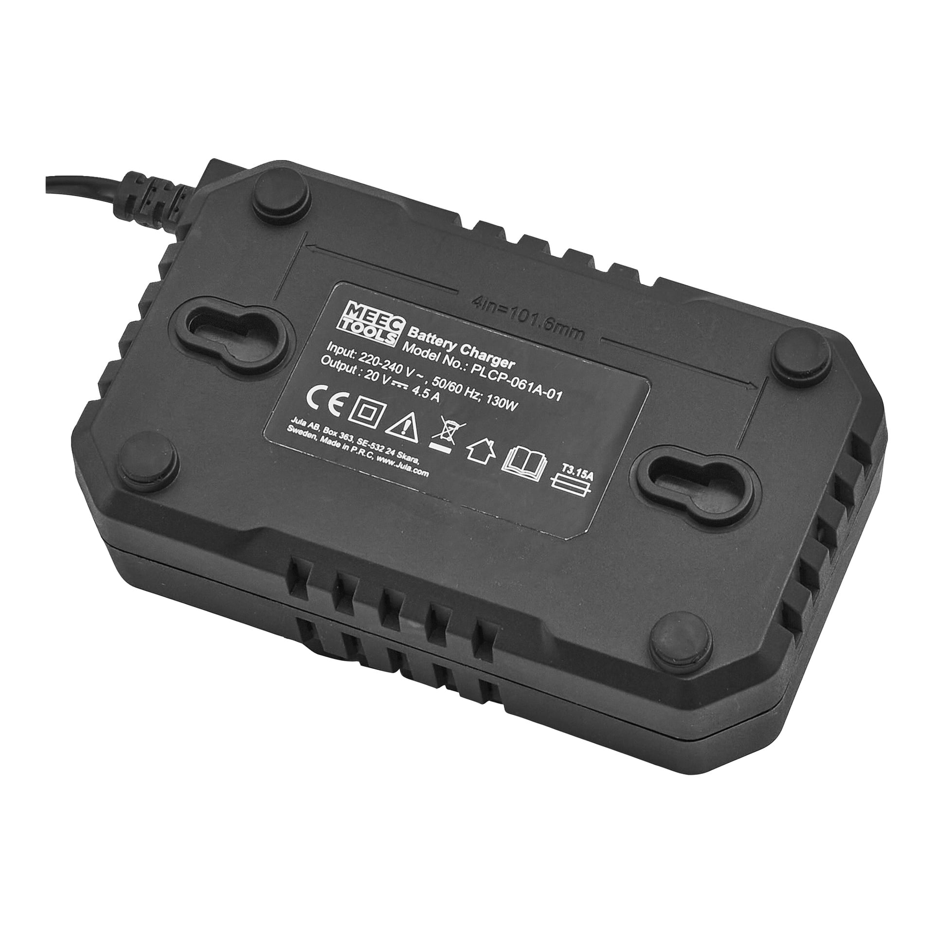 Svart rektangulär Meec Tools CH-18V HOME 500 batteriladdare med etikett, specifikationer, fyra monteringsplatser och ansluten sladd.