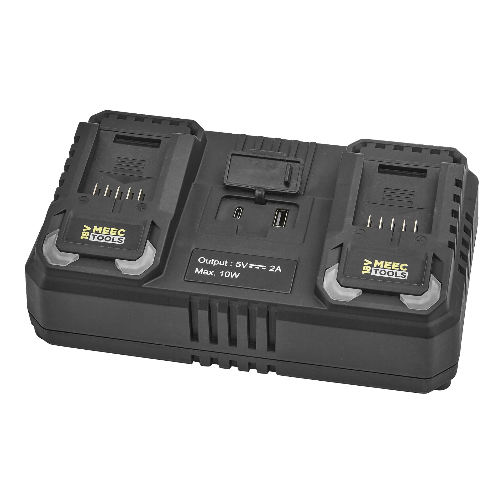 Meec Tools Multiseries 2-ports svart laddare för 18V-batterier, med två platser, indikatorlampor och en 5V 2A 10W-etikett.