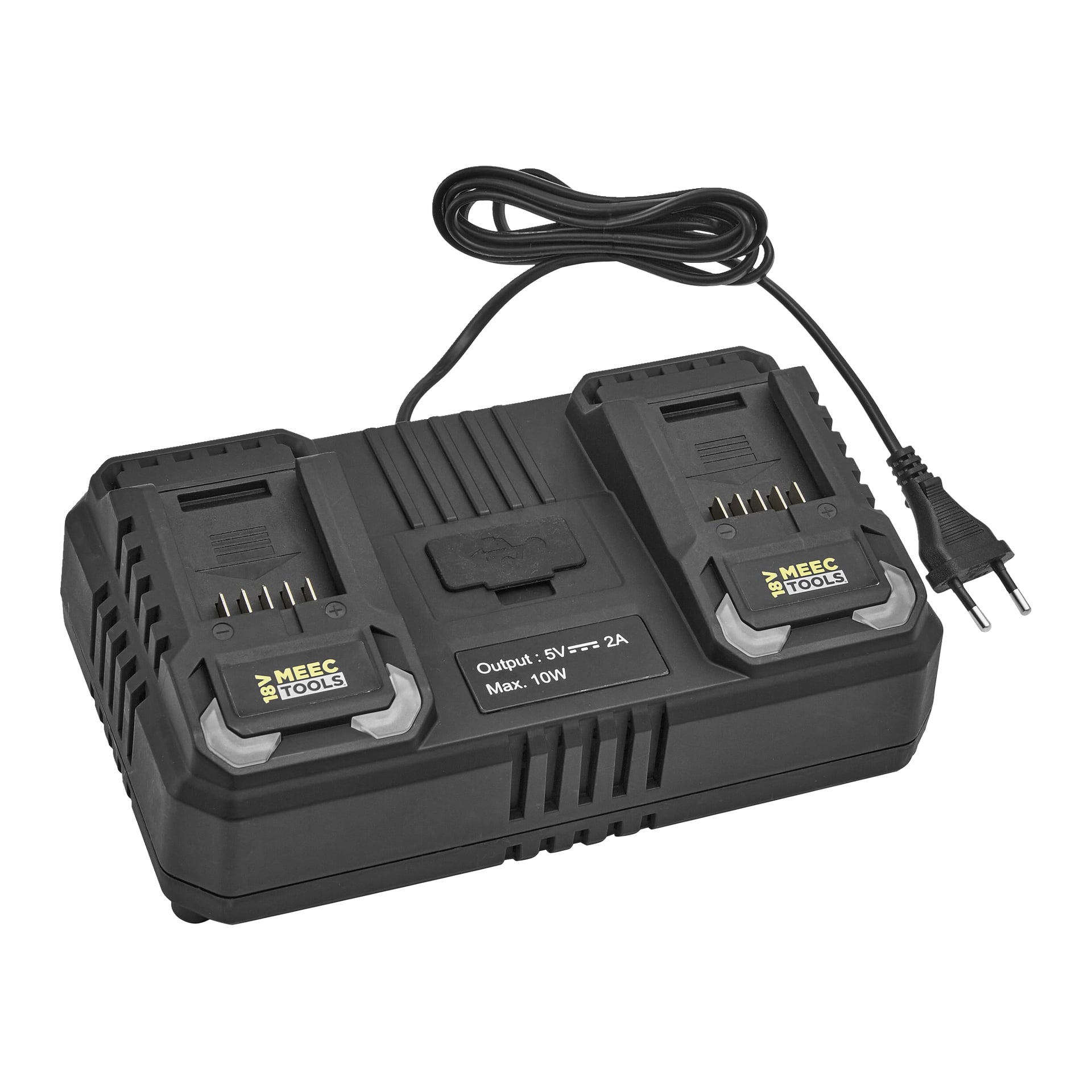 En svart Meec Tools Multiseries CH-18V HOME 530-laddare med två batteriplatser, metallkontakter, en tvåpolig sladd och frontspecifikationer.