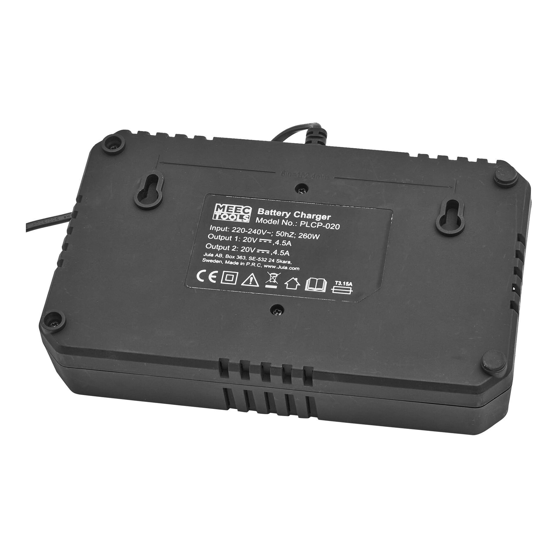 Rektangulär svart Meec Tools Multiseries-laddare, CH-18V HOME 530, med specifikationer, etikett, ventiler och väggmonteringshål under.