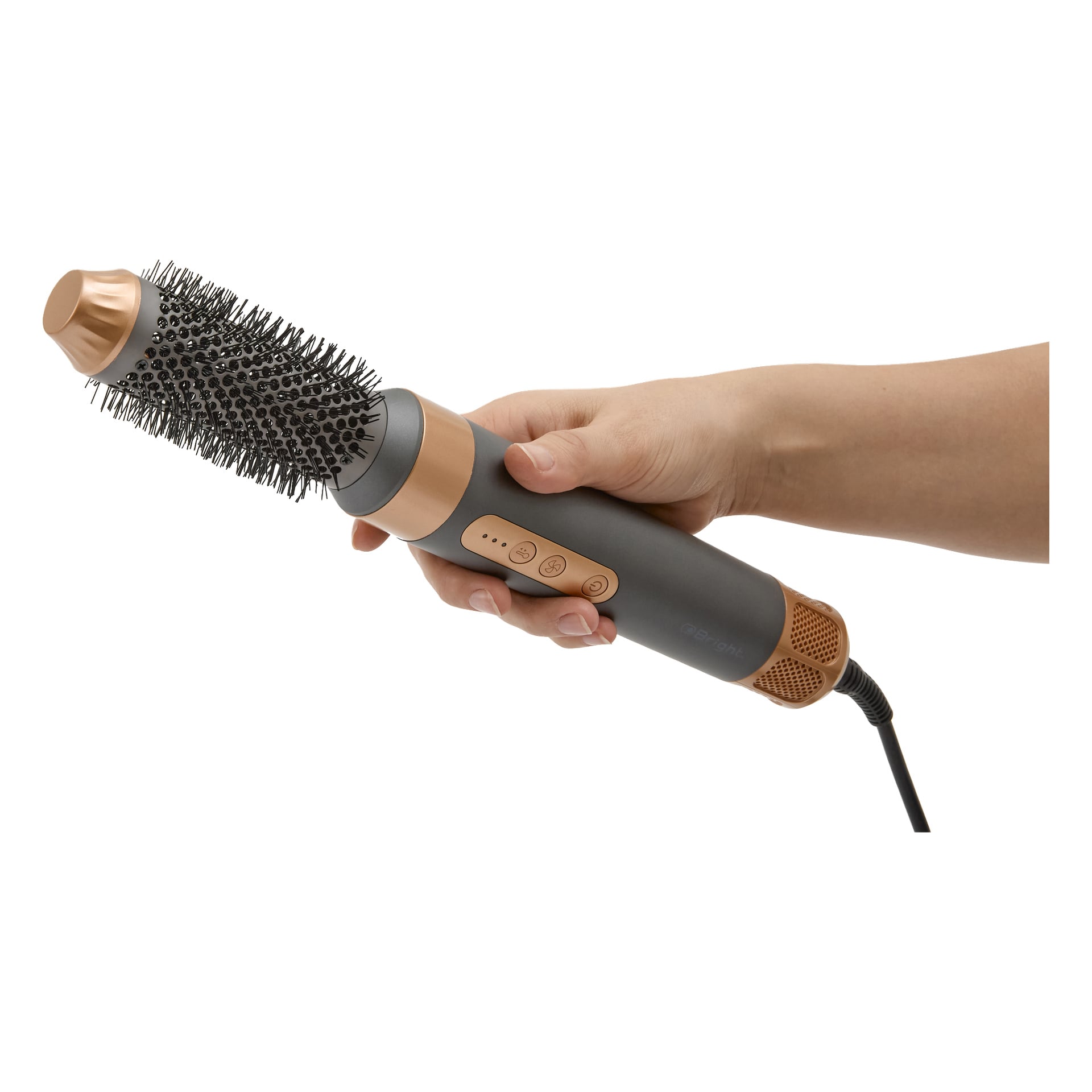 Ręka chwyta multistyler Bright 6-w-1, okrągłą szczotkę do włosów z czarnymi włosami, złotymi akcentami i przyciskami sterującymi.
