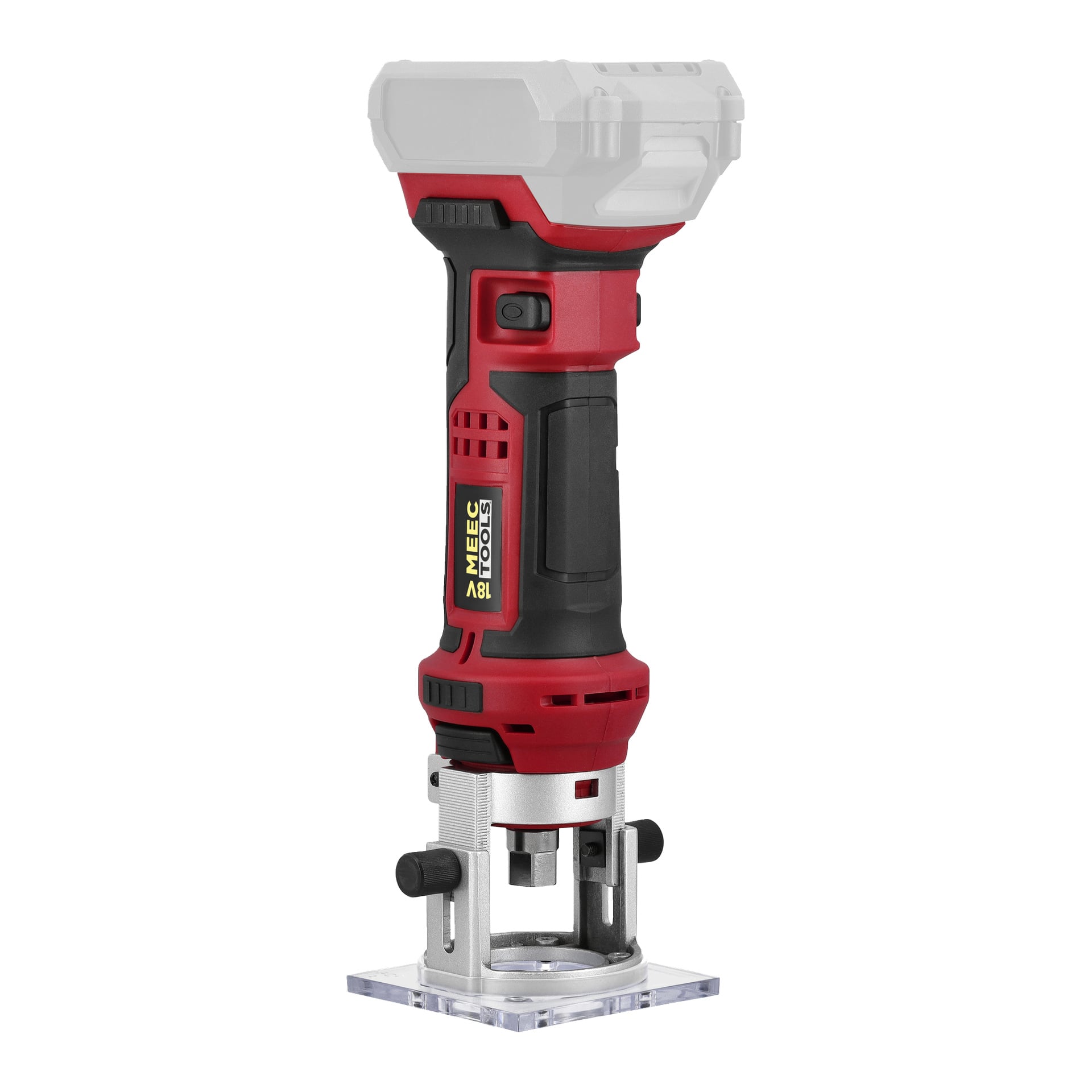 Röd och svart Meec Tools ML-18V HOME 500-router med silverfärgad bas, upprätt, synlig märkning och tomt batterifack.