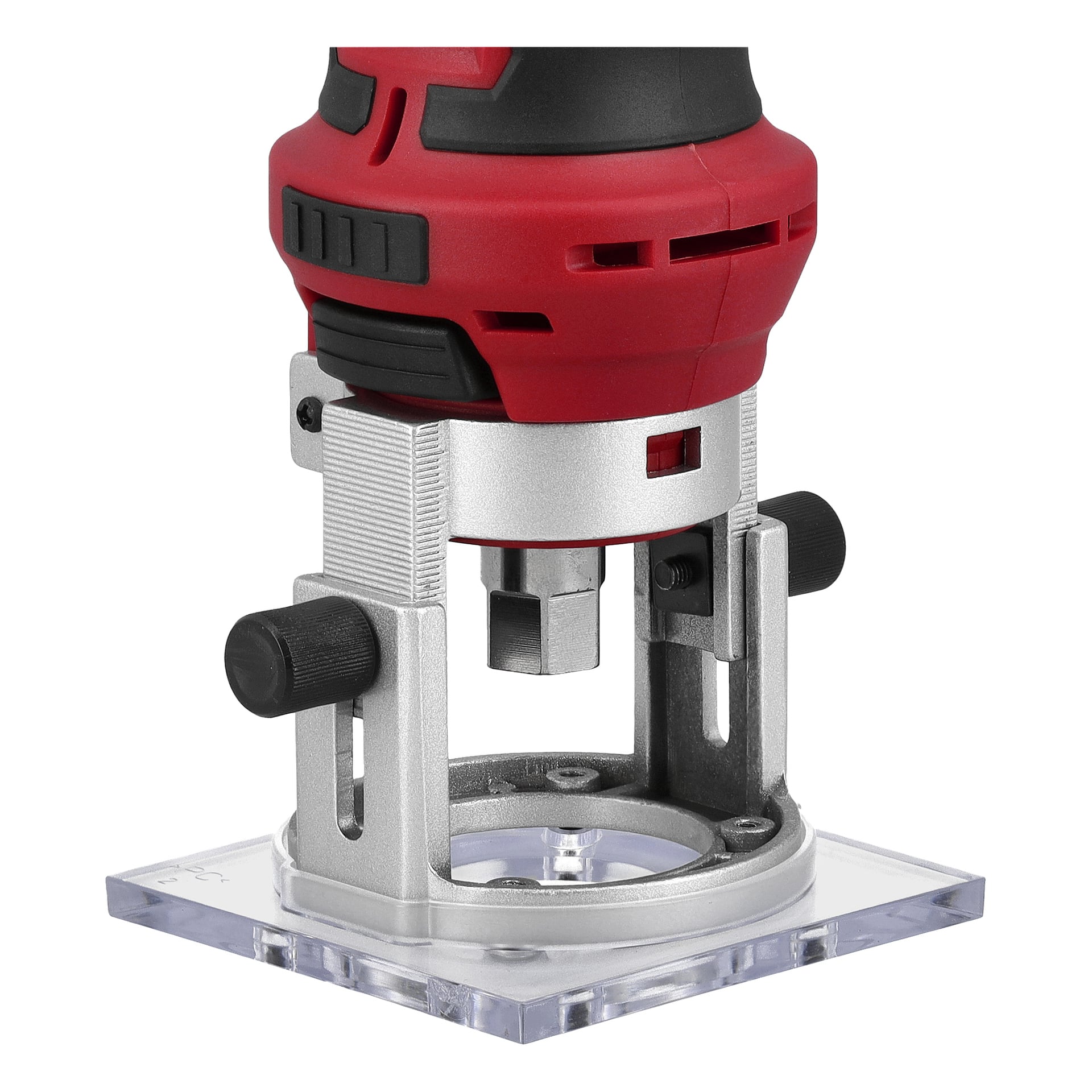 Närbild av basen på Meec Tools Multiseries ML-18V HOME 500-routern, med framhävning av dess röda/svarta kropp, silverfärgade bas och genomskinliga platta.