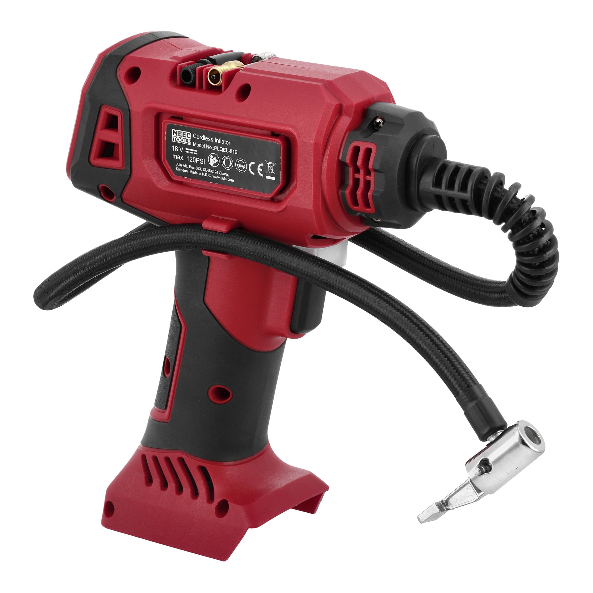 Meec Tools Multiseries Mini -kompressori CP-18V HOME 300 on punamusta johdoton käsikäyttöinen ilmakompressori, jossa on letku, metallinen suutin, liipaisinkahva ja akkukotelo.