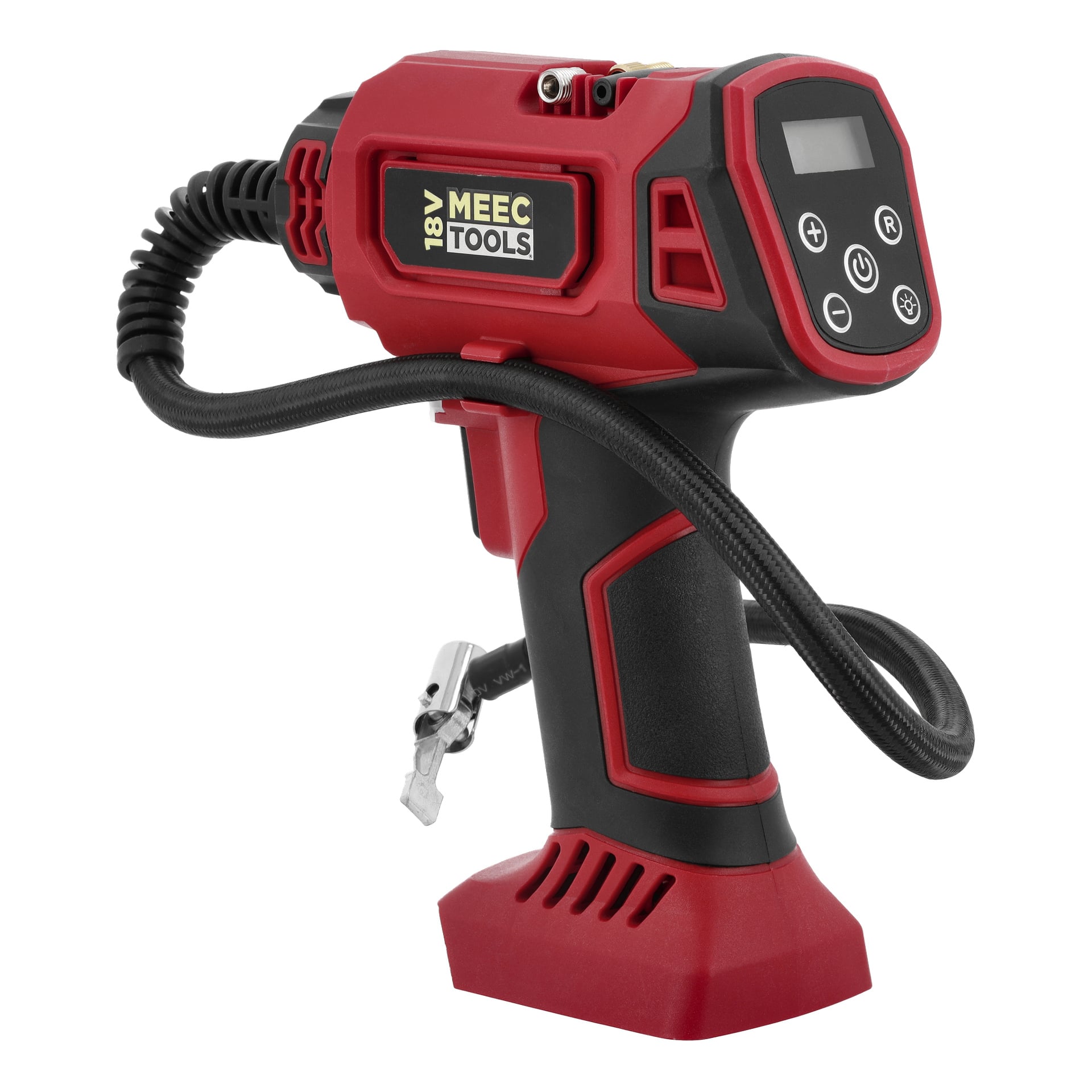 Punamusta Mini kompressori CP-18V HOME 300 Meec Tools Multiseries digitaalisella näytöllä, napeilla ja joustavalla ilmaletkulla.