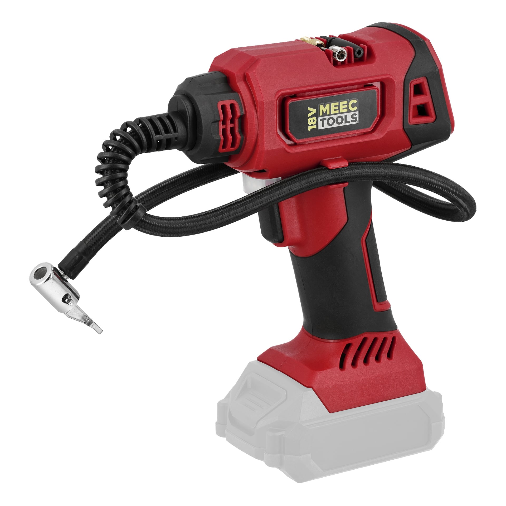 Punamusta johdoton Mini kompressori CP-18V HOME 300 Meec Toolsilta, jossa on kierreletku, digitaalinen näyttö ja merkitty akkupohja.