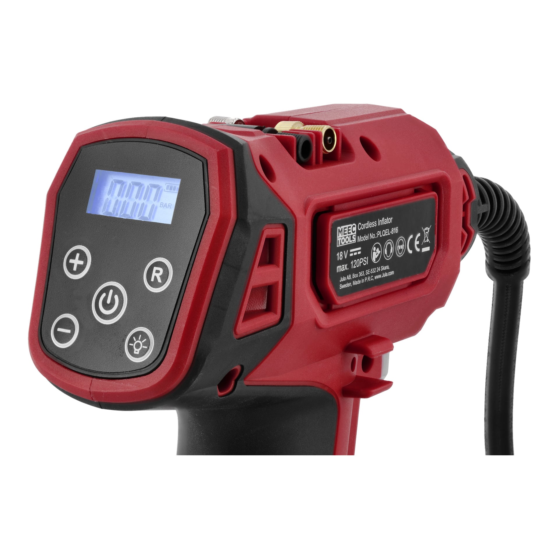 Meec Tools CP-18V HOME 300 -minikompressorin lähikuva näyttää sen punamustan ulkonäön, digitaalisen näytön, painikkeet, johdon ja tekniset tiedot.