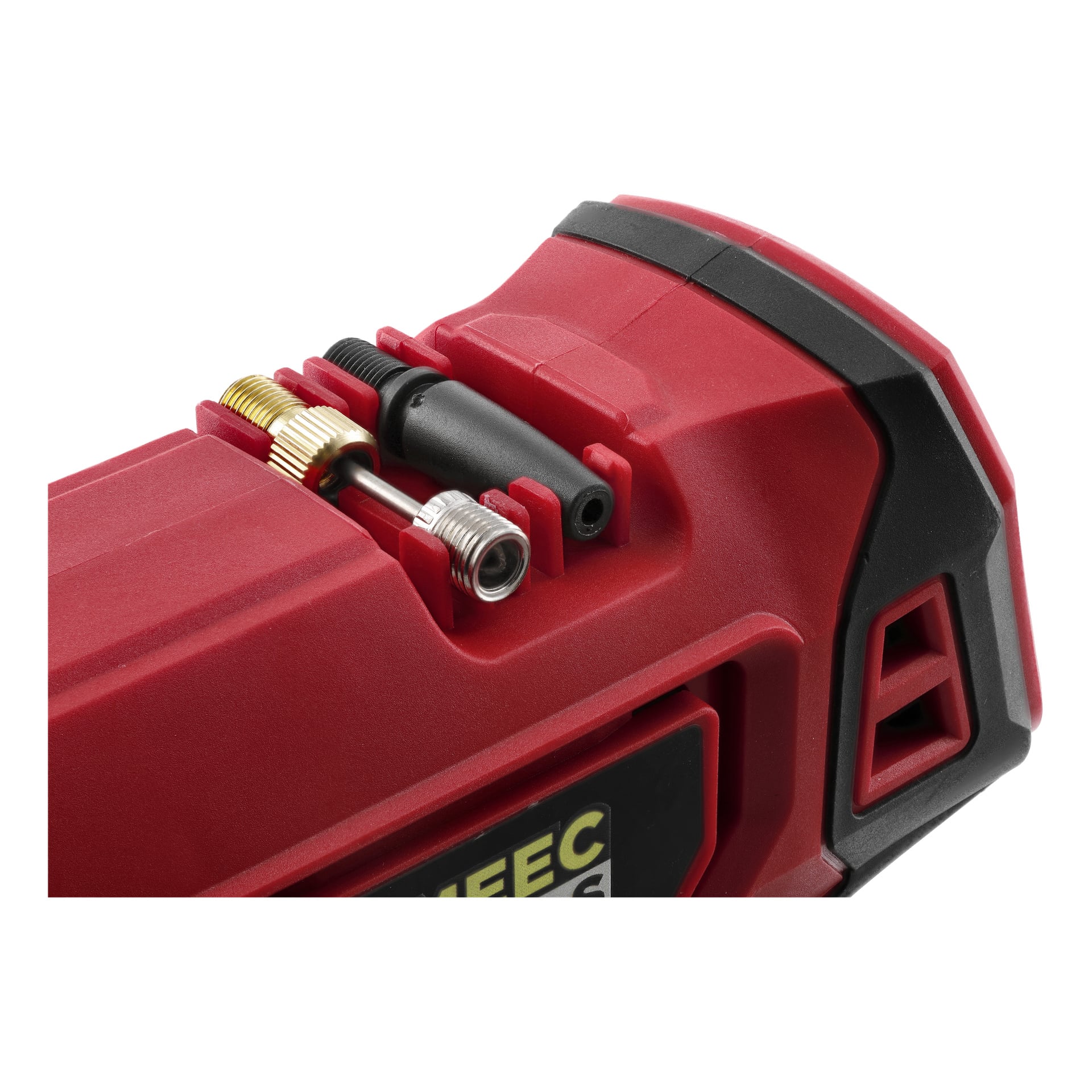 Yksityiskohtainen näkymä Meec Tools Multiseries Mini -kompressorista CP-18V HOME 300, jossa on musta ja messinkinen kiinnitys rungossa.
