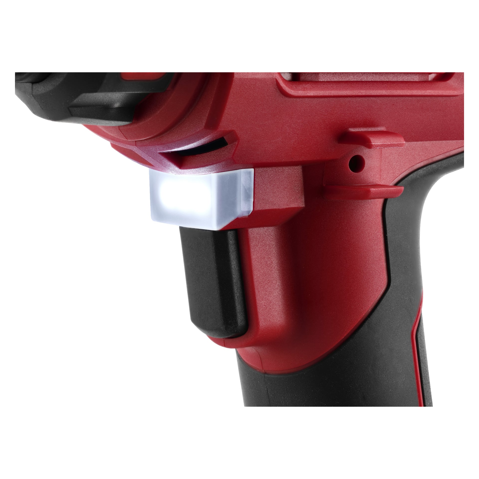 Lähikuva Meec Tools Multiseries Mini -kompressorista CP-18V HOME 300, jossa on punamusta kahva ja valaistu LED-työvalo.