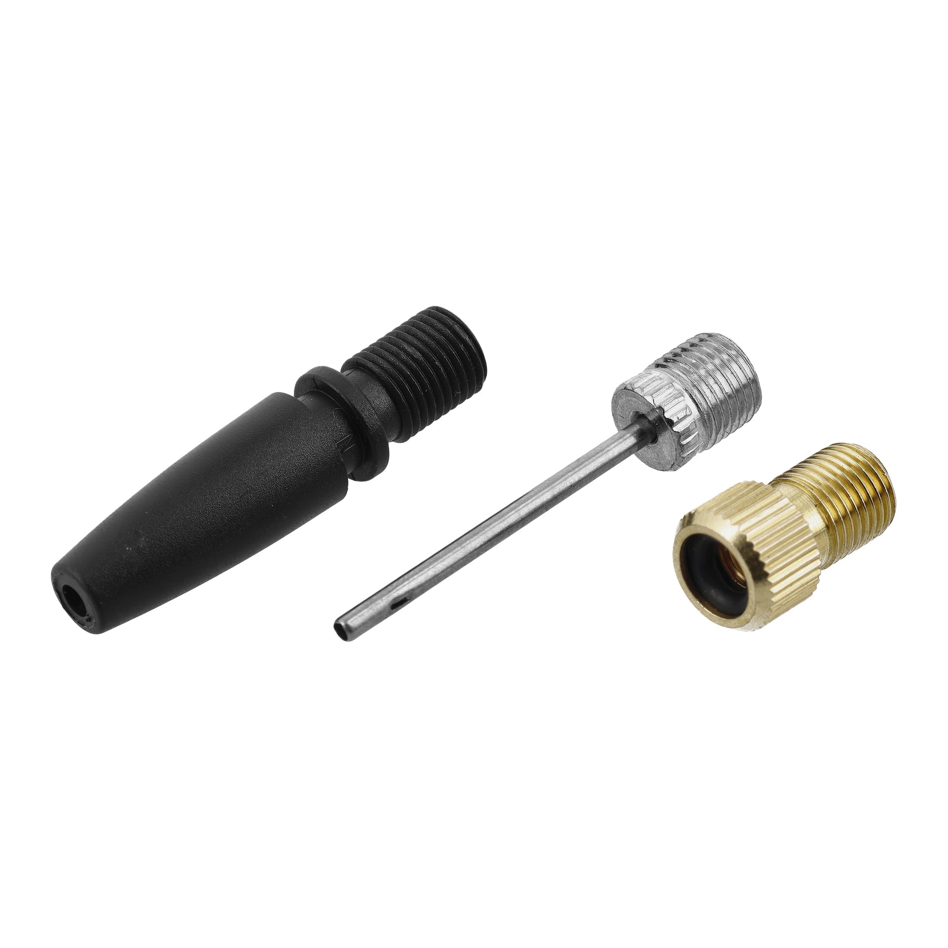 Meec Tools Mini Compressor CP-18V HOME 300 sisältää kolme metallisovitinta: venttiiliadapterin, neulatäytin ja kierteinen adapteri.