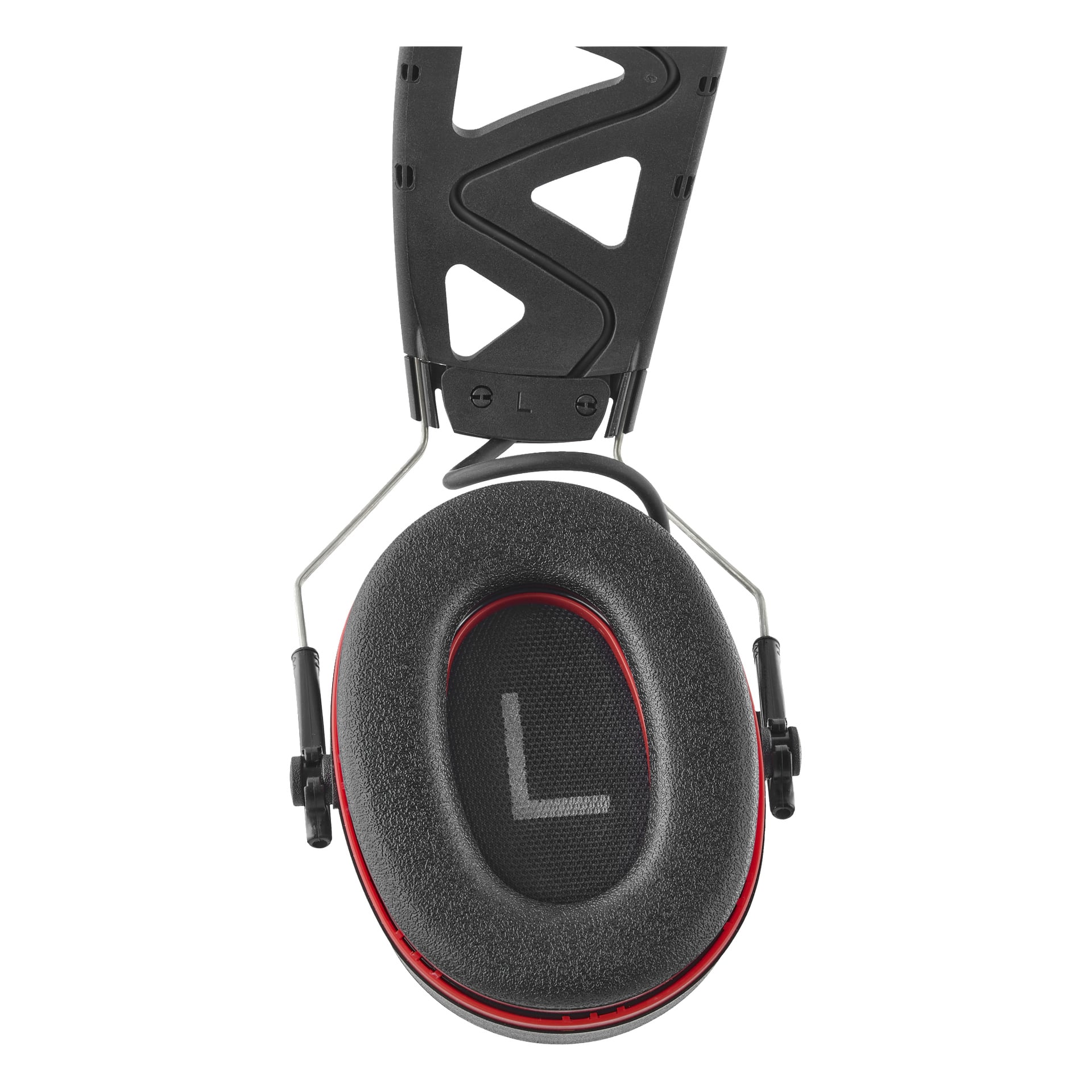 Lähikuva 3M Eearuffs Pro-Protect Bluetoothista, vasen korvakuppi, musta ja punainen värit, "L" sisällä, siksak-muotoinen pääpanta, metallituet.