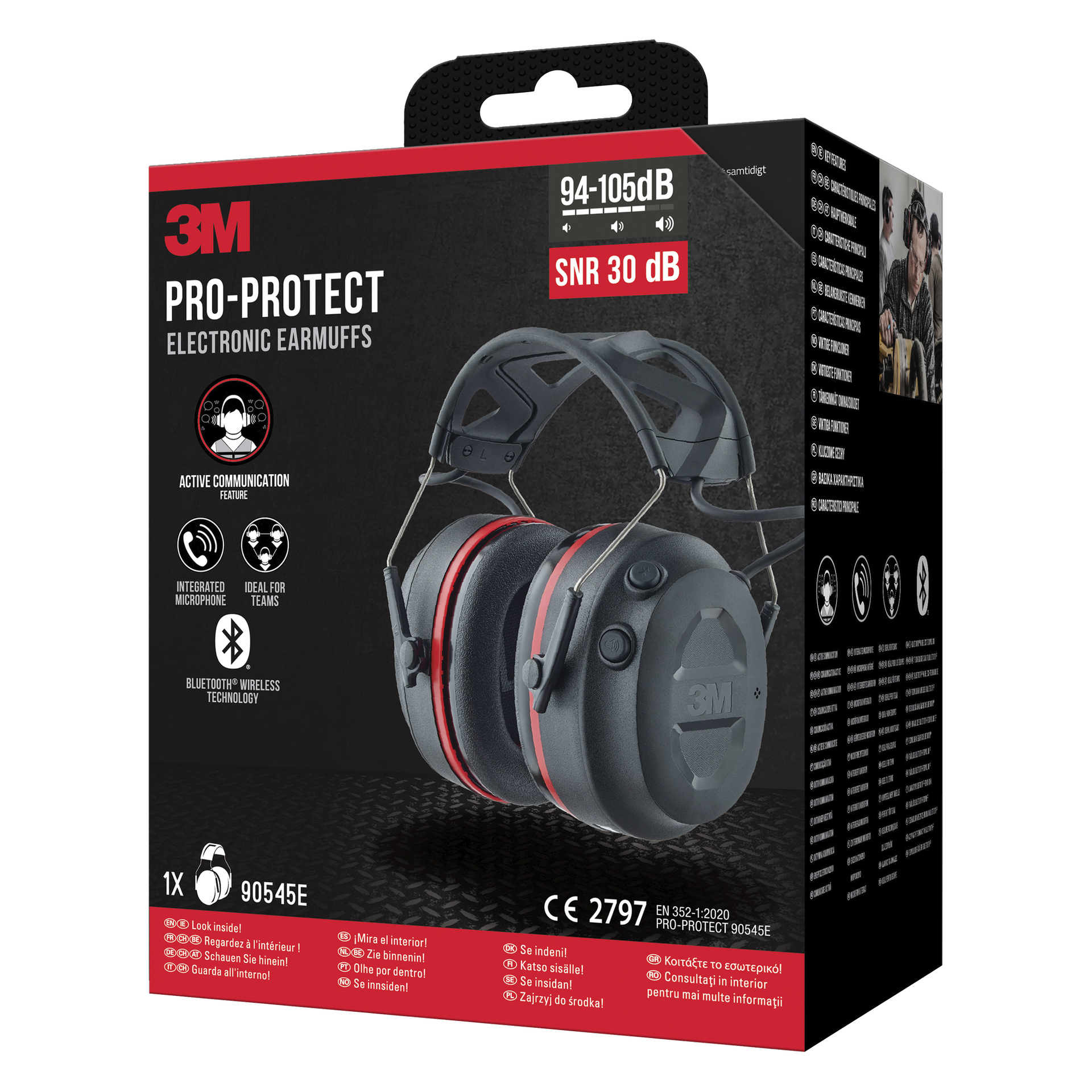 3M Eearuffs Pro-Protect -laatikossa on tuotekuva, 94–105dB ja SNR 30dB -tiedot, Bluetooth- ja viestintäkuvakkeet mustassa pakkauksessa.