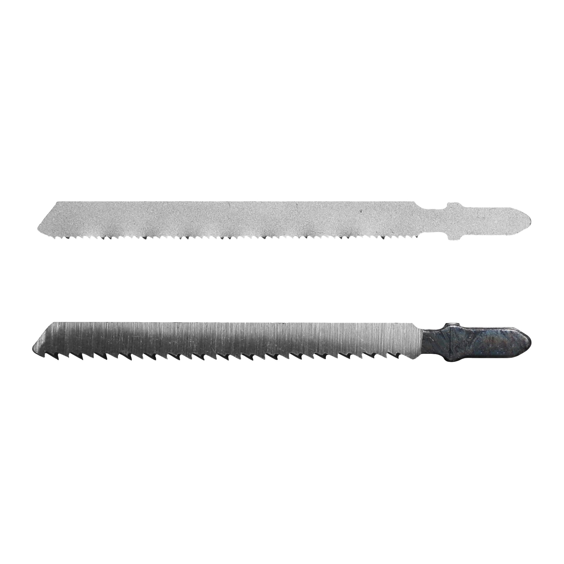 Två Meec Tools Multiseries Jigsaw JS-18V HOME 300 metallblad ligger sida vid sida och visar sina tänder och fästen.