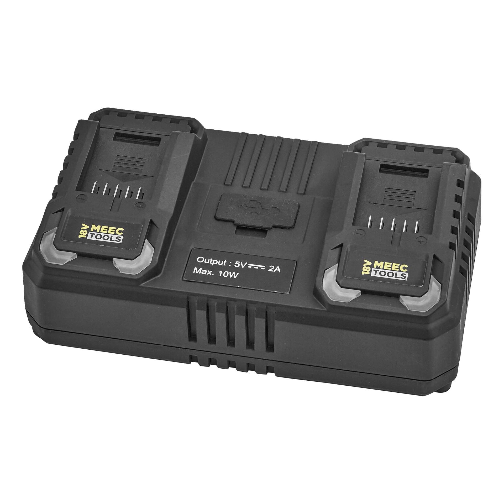 Meec Tools Multiseries CH-18V HOME 530-laddare för 18V-batterier, med två portar och en frontetikett som visar utgång: 5V 2A Max 10W.