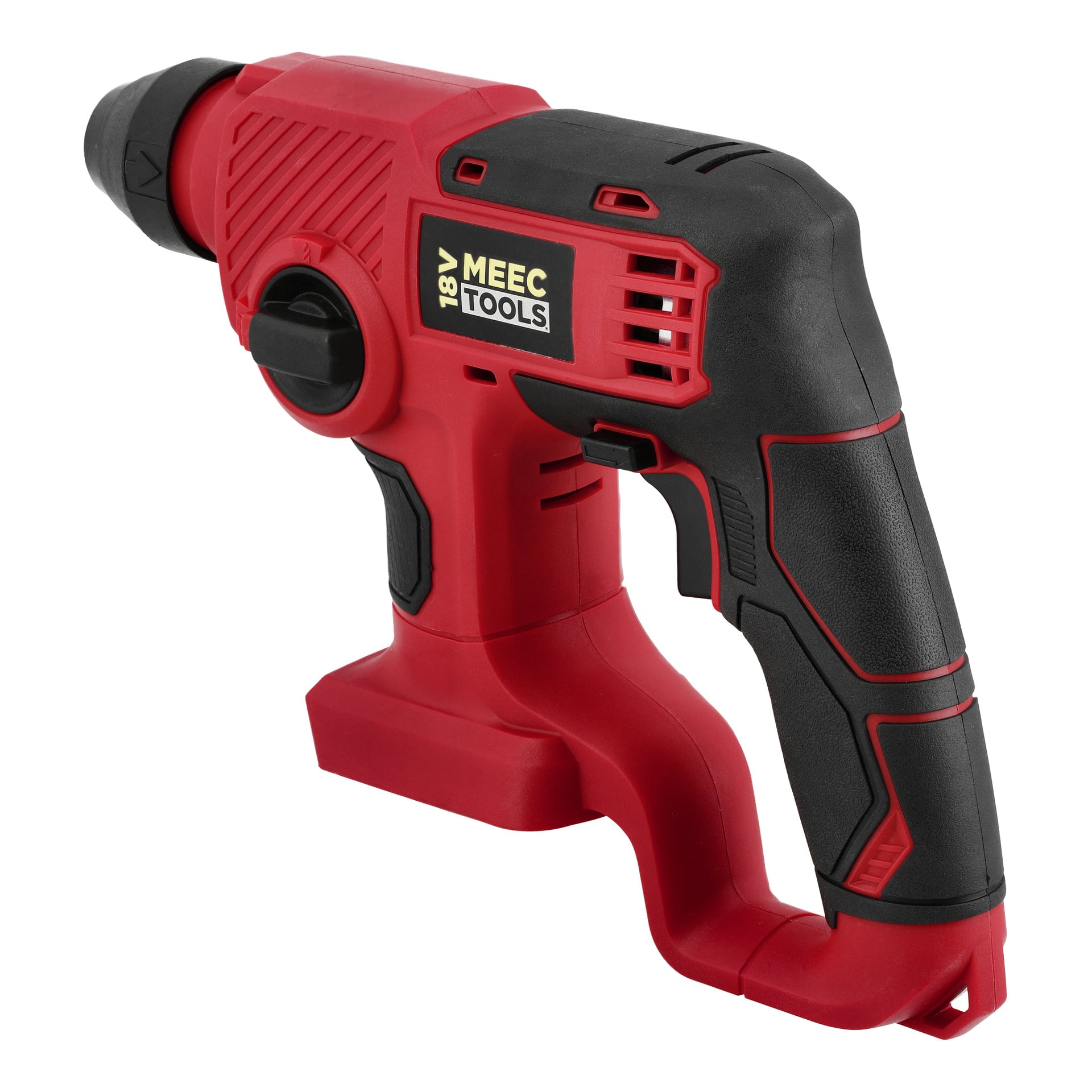 Bezprzewodowa wiertarka młotowa Meec Tools Multiseries HD-18V EASY 100 w kolorze czerwonym i czarnym, wyposażona w chwyt pistoletowy i gniazdo na baterię poniżej.