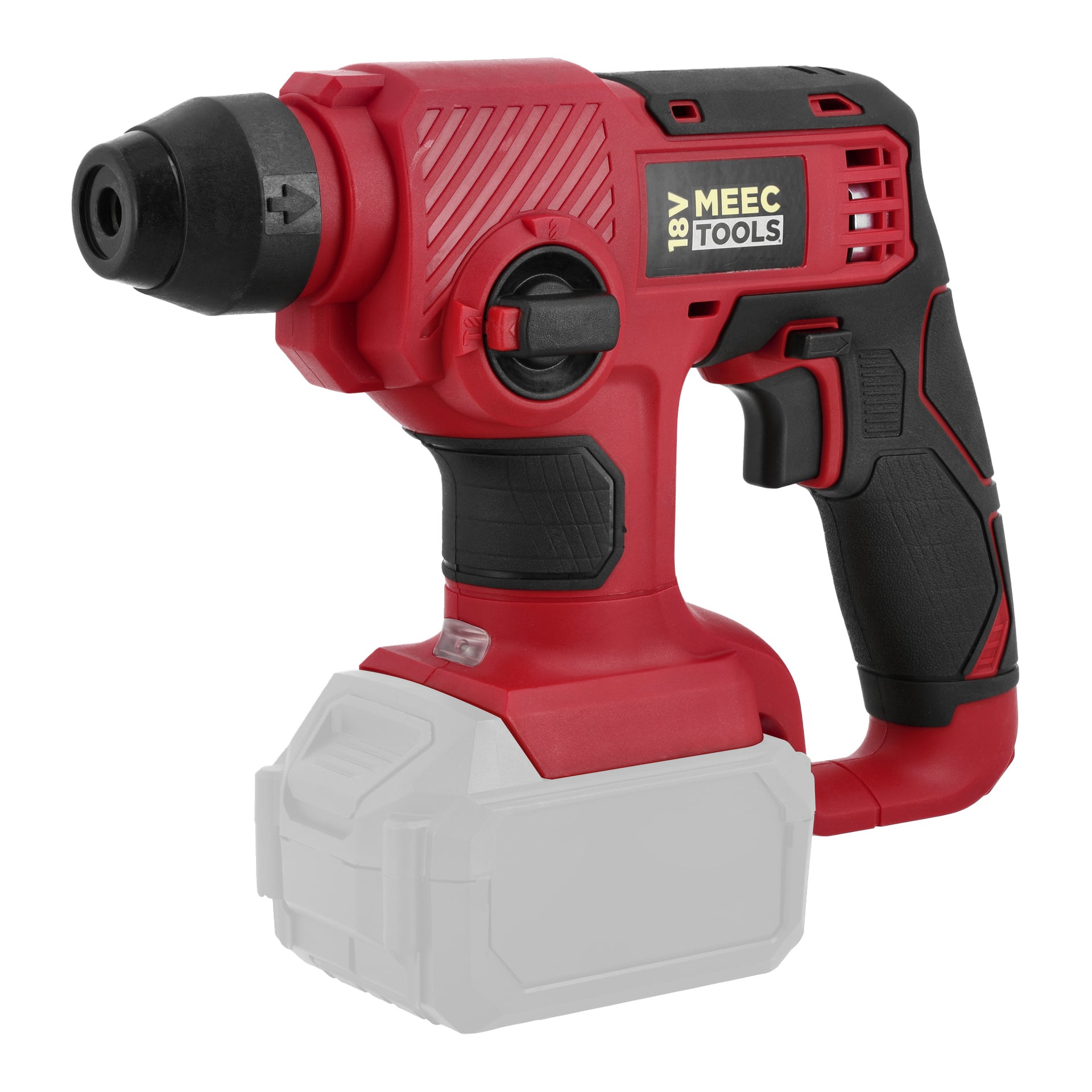 Czerwono-wiertarka młotowa Meec Tools Multiseries HD-18V EASY 100 jest pokazana bez baterii w komorze.