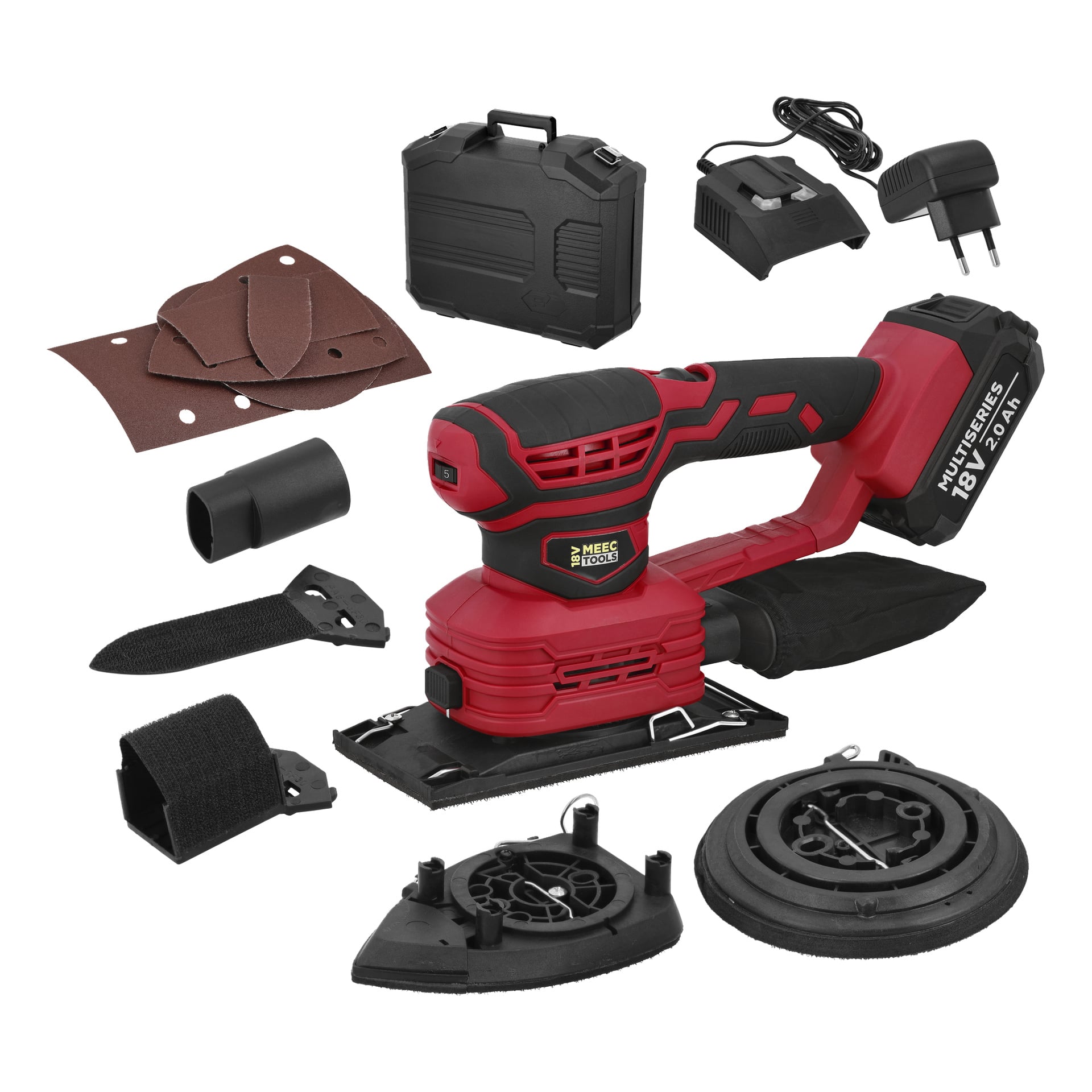 Meec Tools Multiseries 3-i-1 Multi-slipkit innehåller en röd och svart slipmaskin, tillbehör, pads, dammpåse, laddare, batteri och fodral.