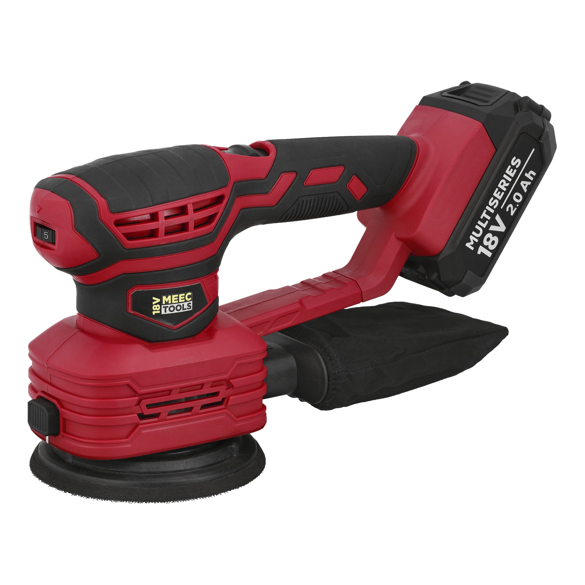 Röd och svart Meec Tools Multiseries 3-i-1 sladdlös multislip (18V 2.0Ah) med en dammpåse fäst på sidan.