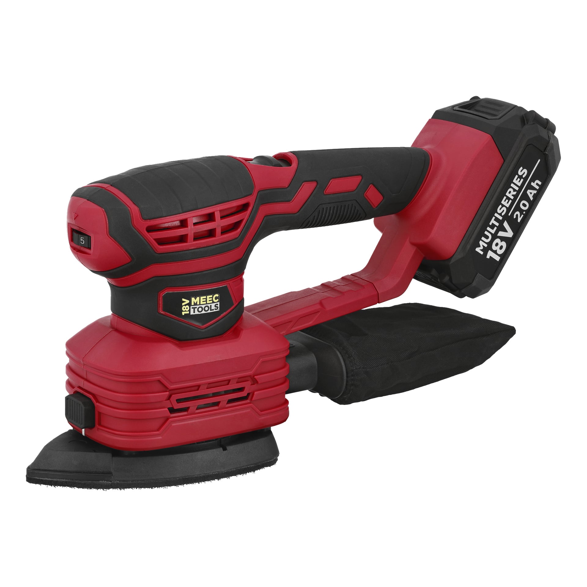 En röd och svart Meec Tools Multiseries 3-i-1 sladdlös slipmaskin med 18V batteri, dammpåse, ergonomiskt handtag och triangelplatta.