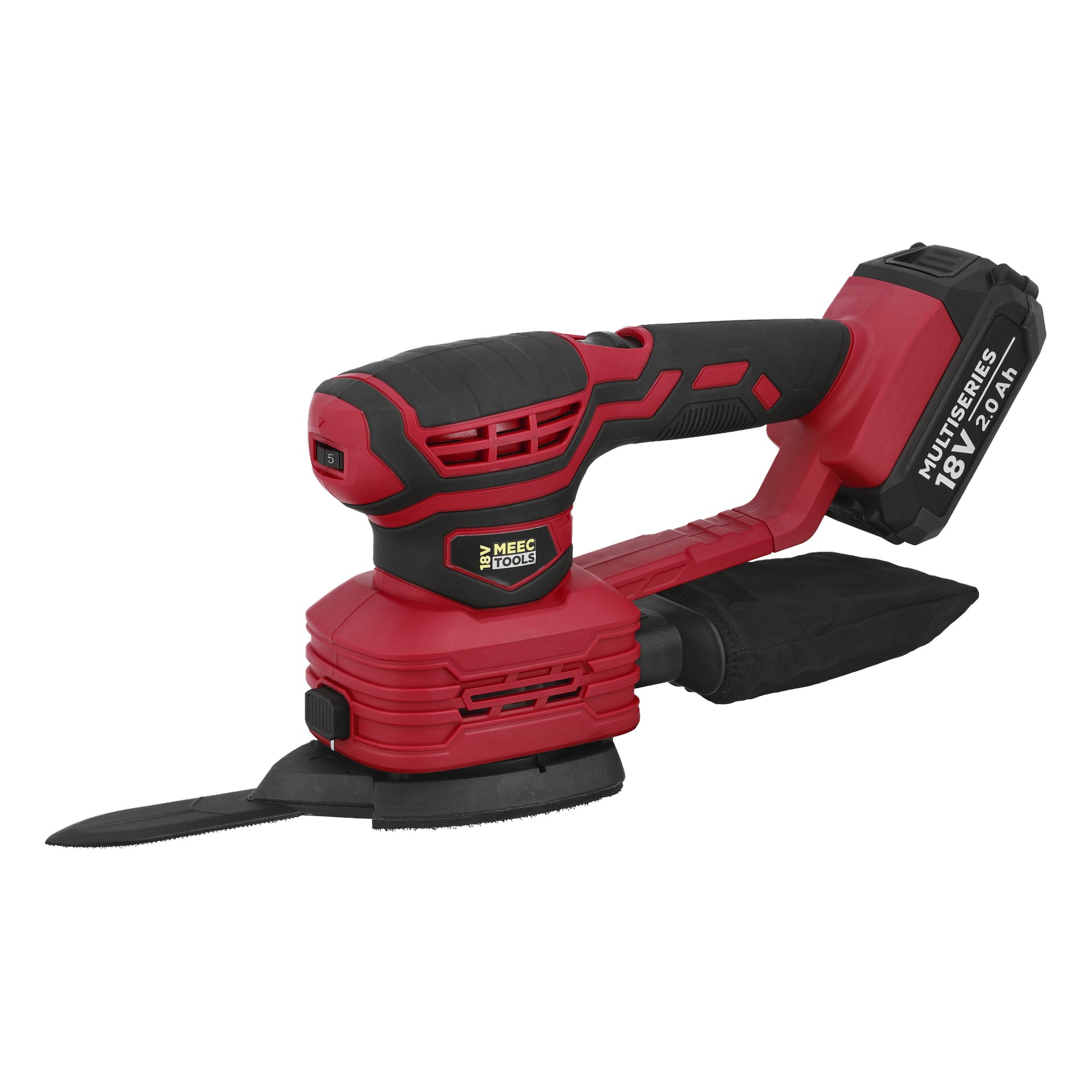 Röd och svart trådlös Meec Tools Multiseries 3-i-1 multislipkit med sliphuvud, dammpåse och 18V 2.0Ah batteripack.